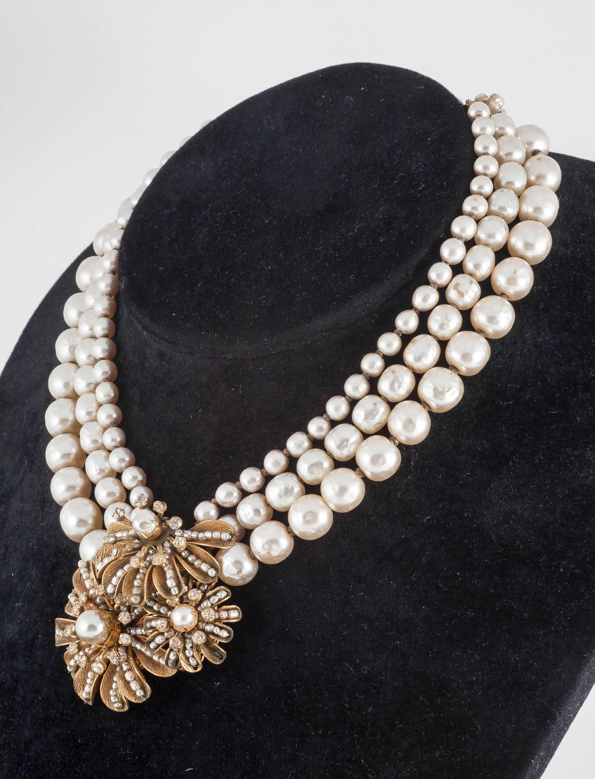Women's Miriam Haskell three row baroque pearl necklace with  floral centrepiece