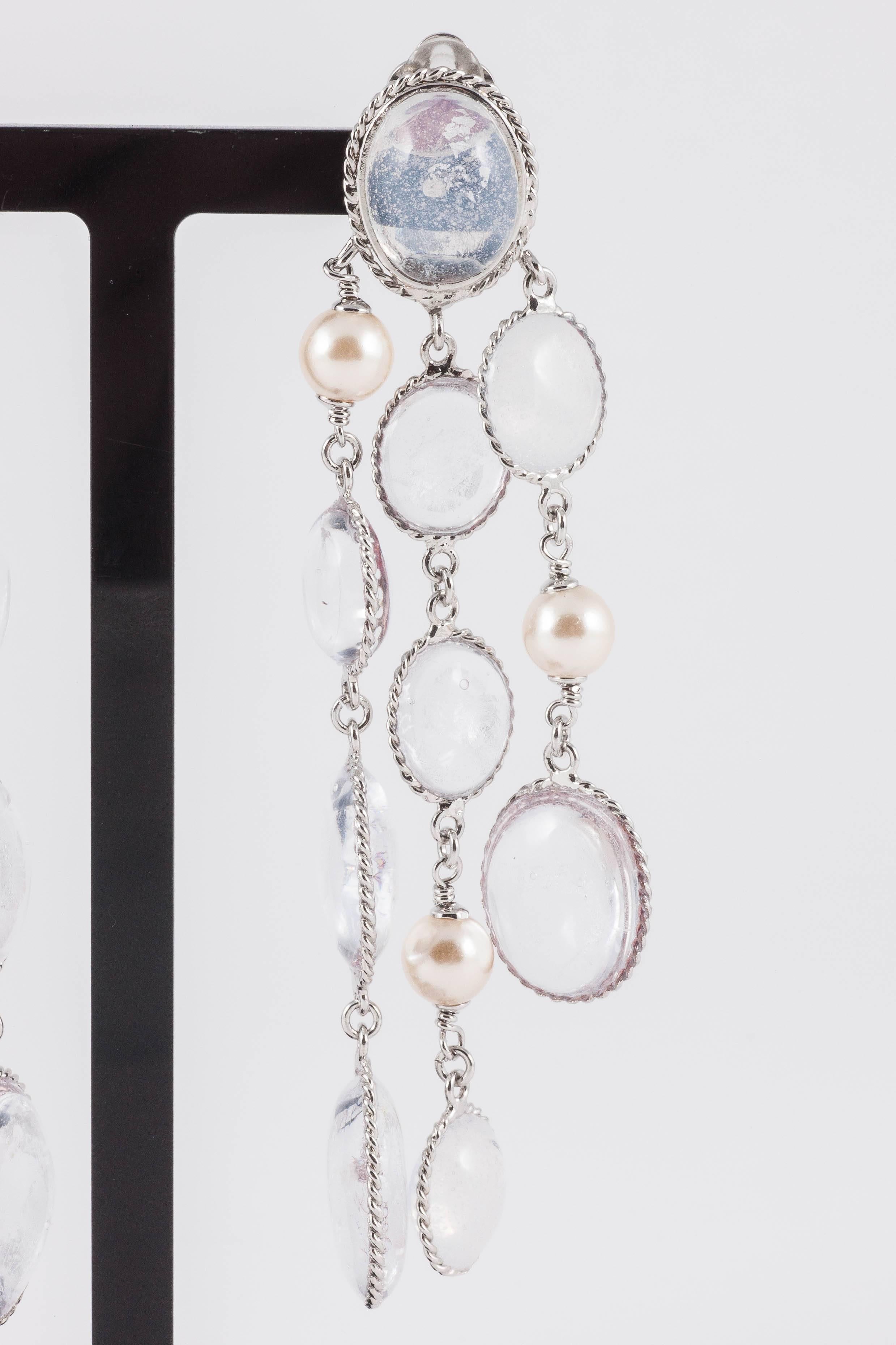 Chic and elegant articulated signed drop earrings, in three staggered rows  of silver leaf, set in clear poured glass,mixed with pearls, from the WW collection, a contemporary limited edition, hand made in Paris'. Part of the new Winter collection,