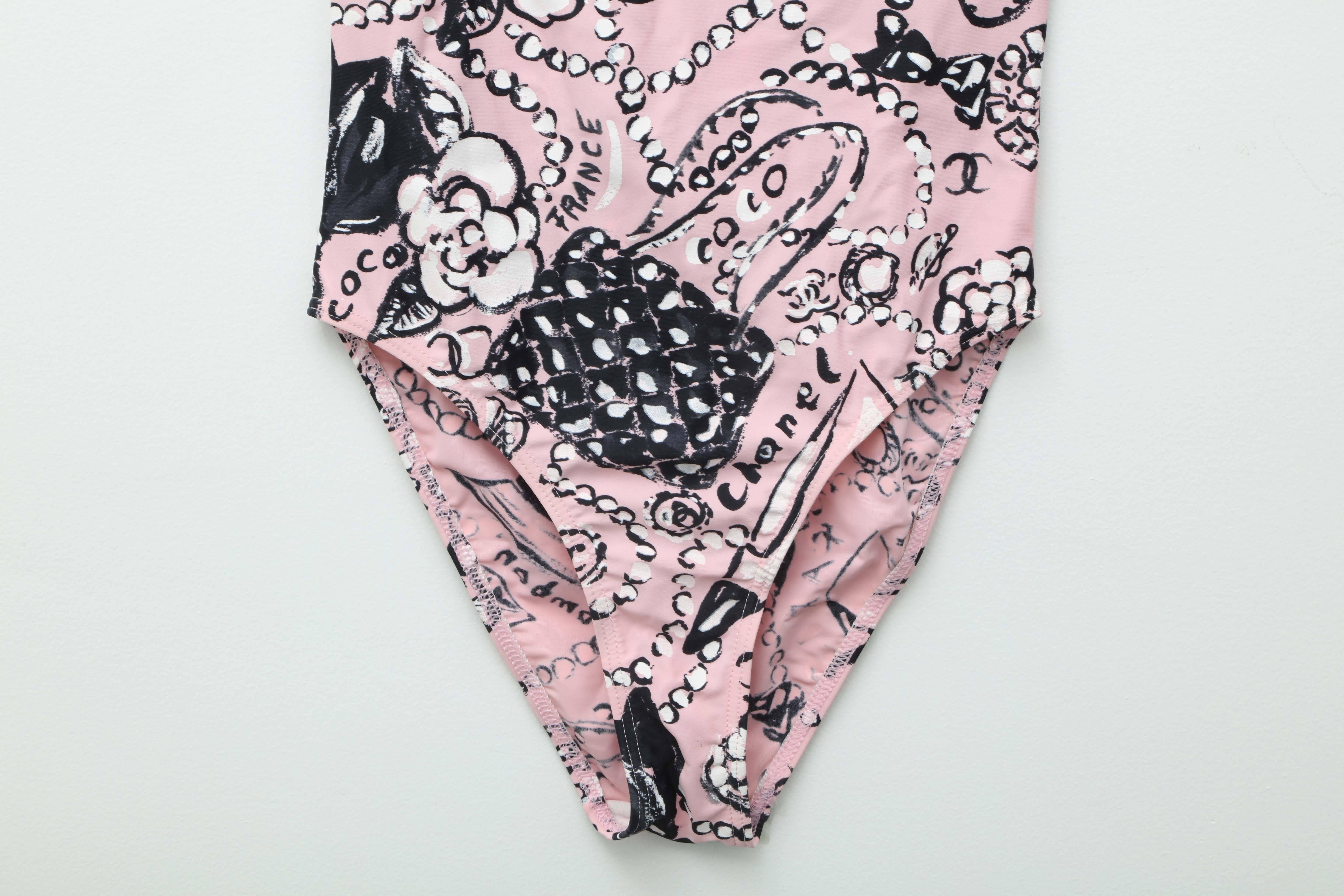 Gray Chanel Vintage Pink Iconic Print Swimsuit, 1993 
