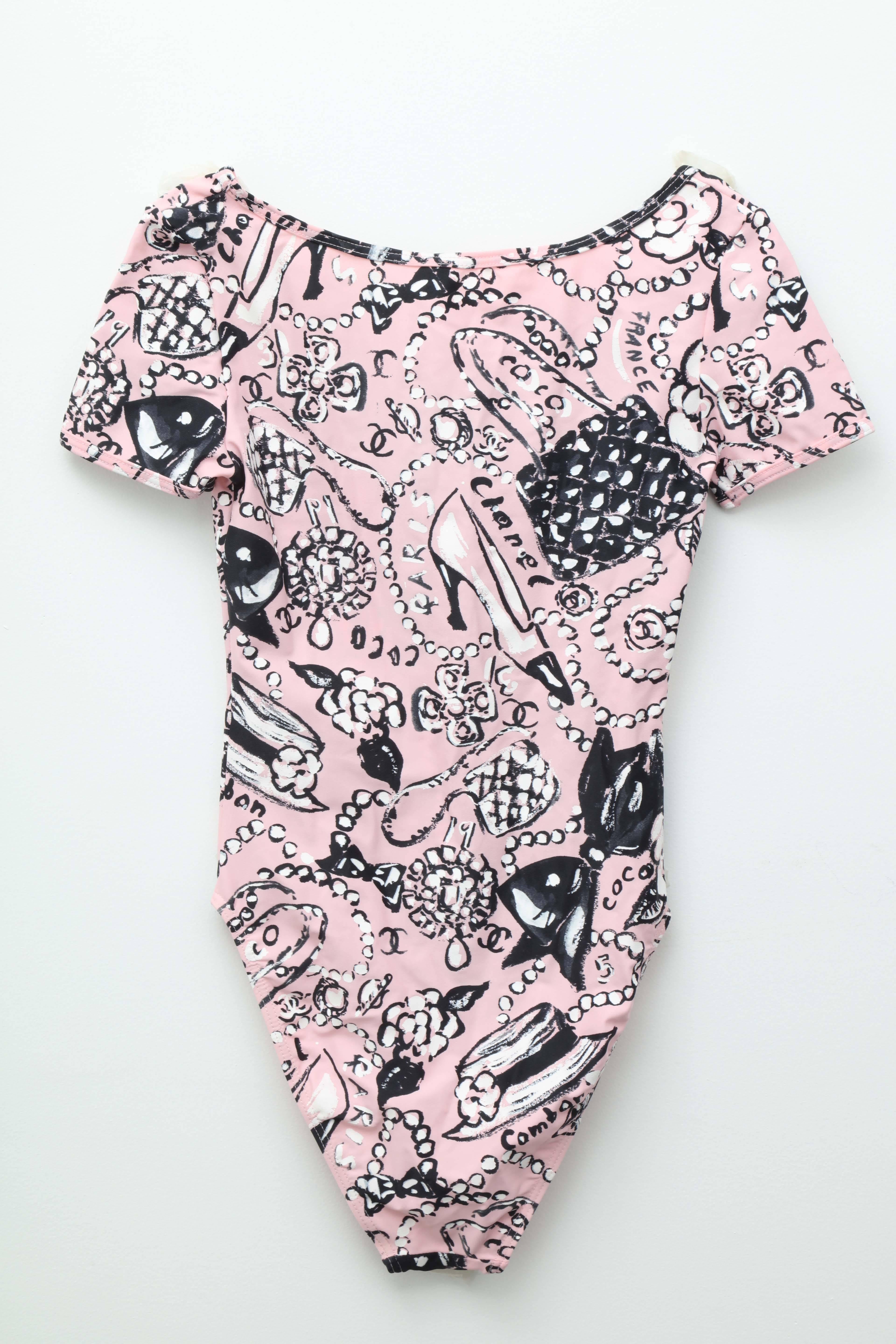 Chanel Vintage Pink Iconic Print Swimsuit, 1993  In Excellent Condition In Chicago, IL