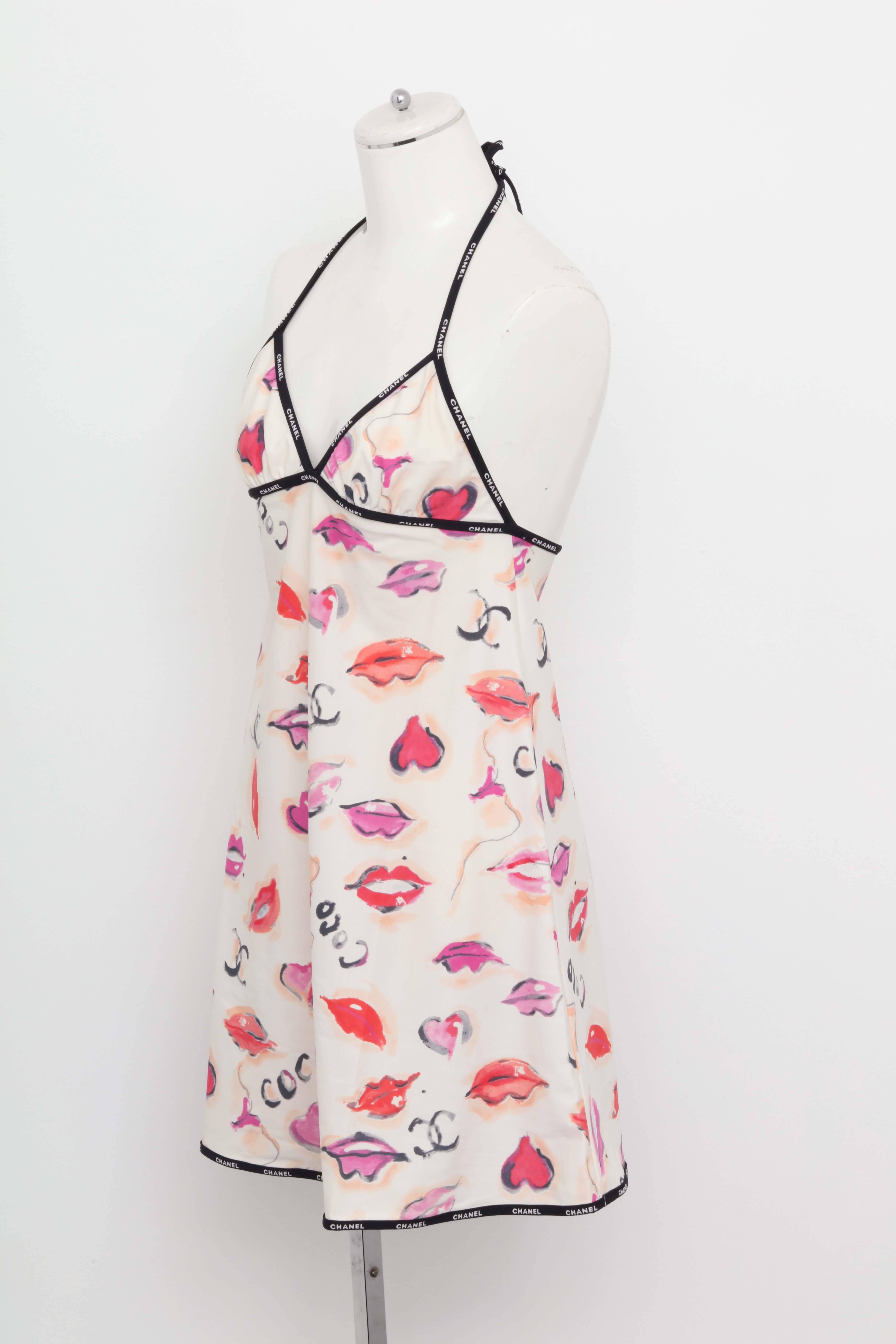 Beige  Vintage Chanel Pop Lip Print Dress / Swim Coverup with Logos