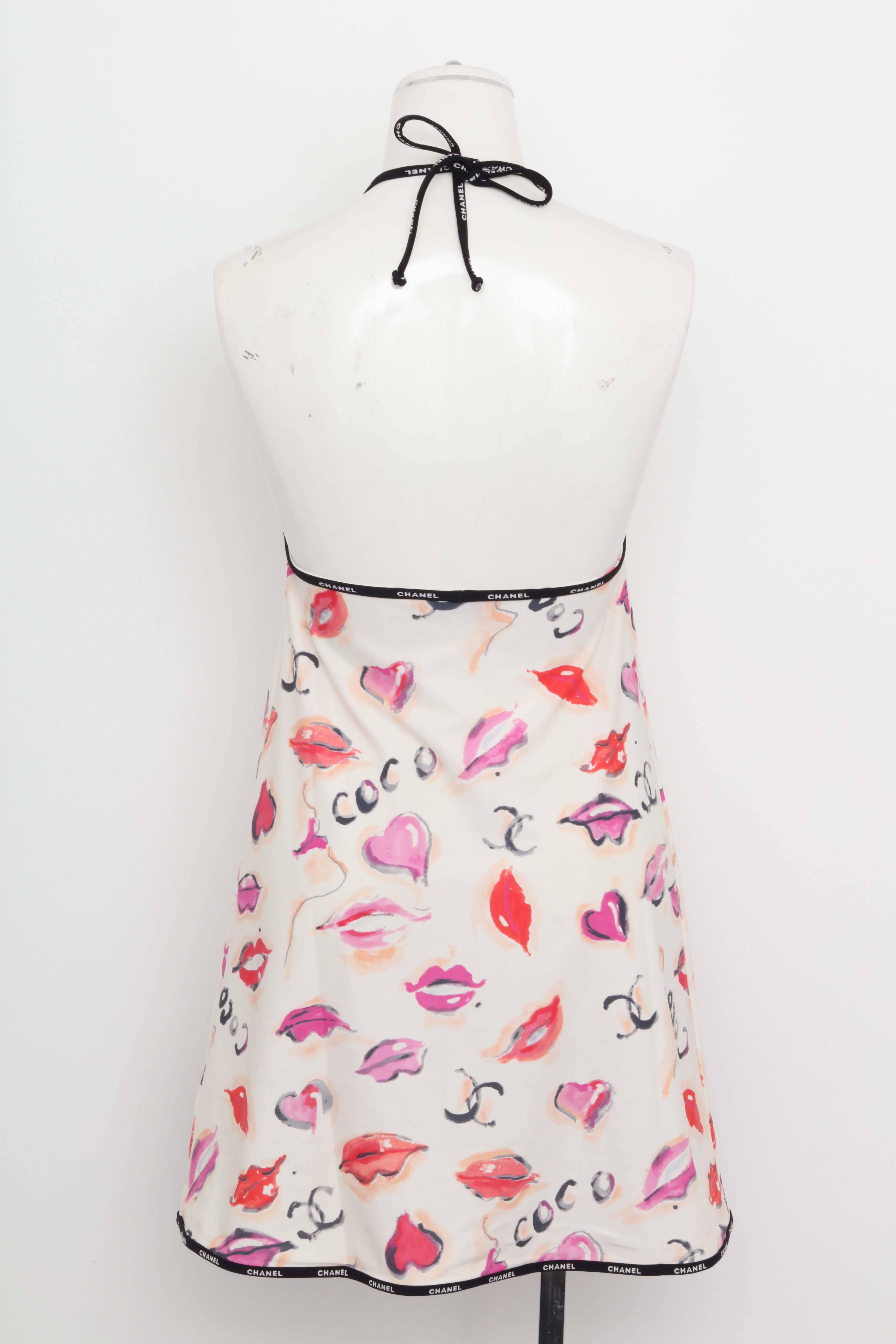  Vintage Chanel Pop Lip Print Dress / Swim Coverup with Logos In Excellent Condition In Chicago, IL