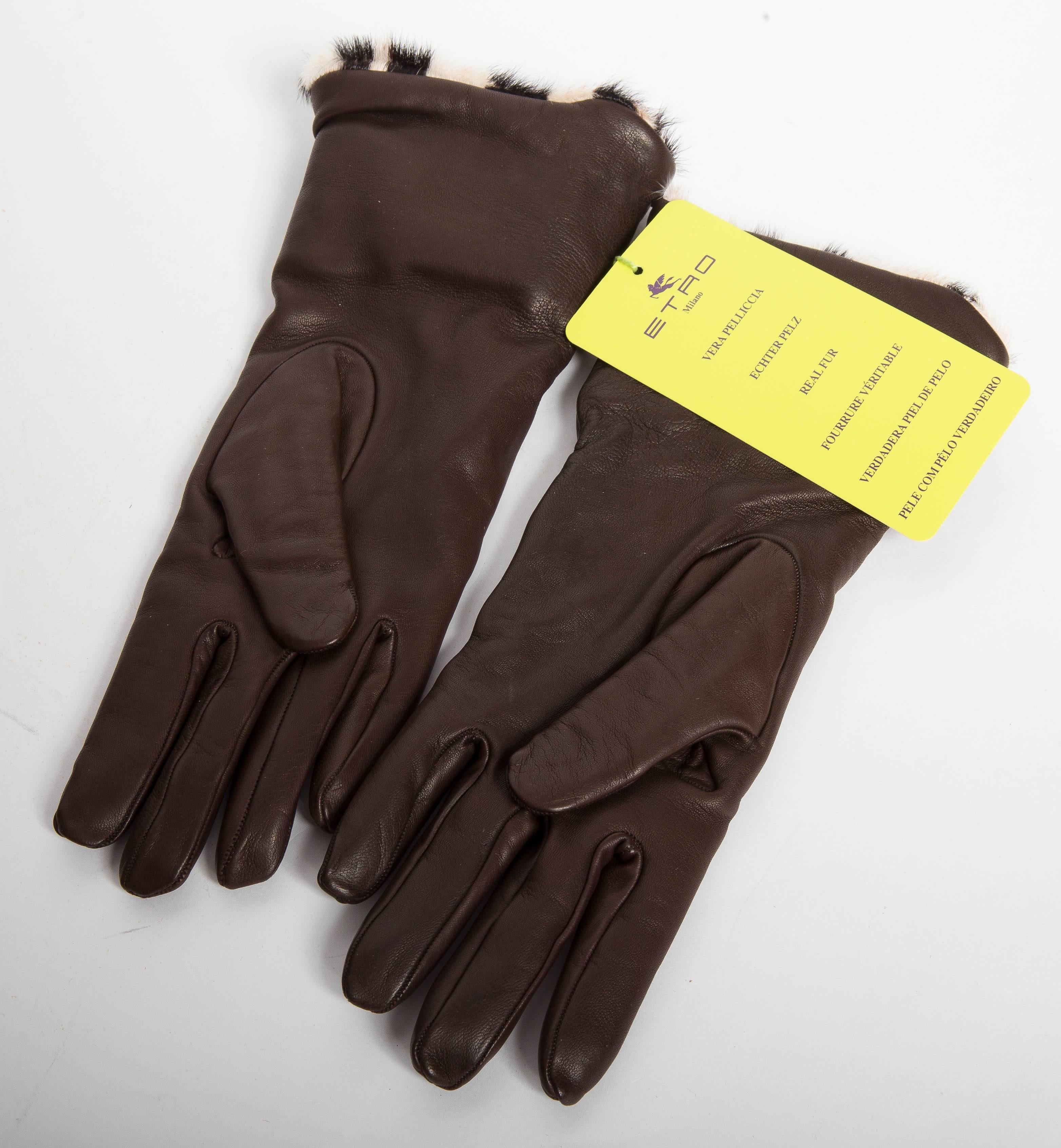 Black Fur Lined Etro Brown Lambskin Gloves