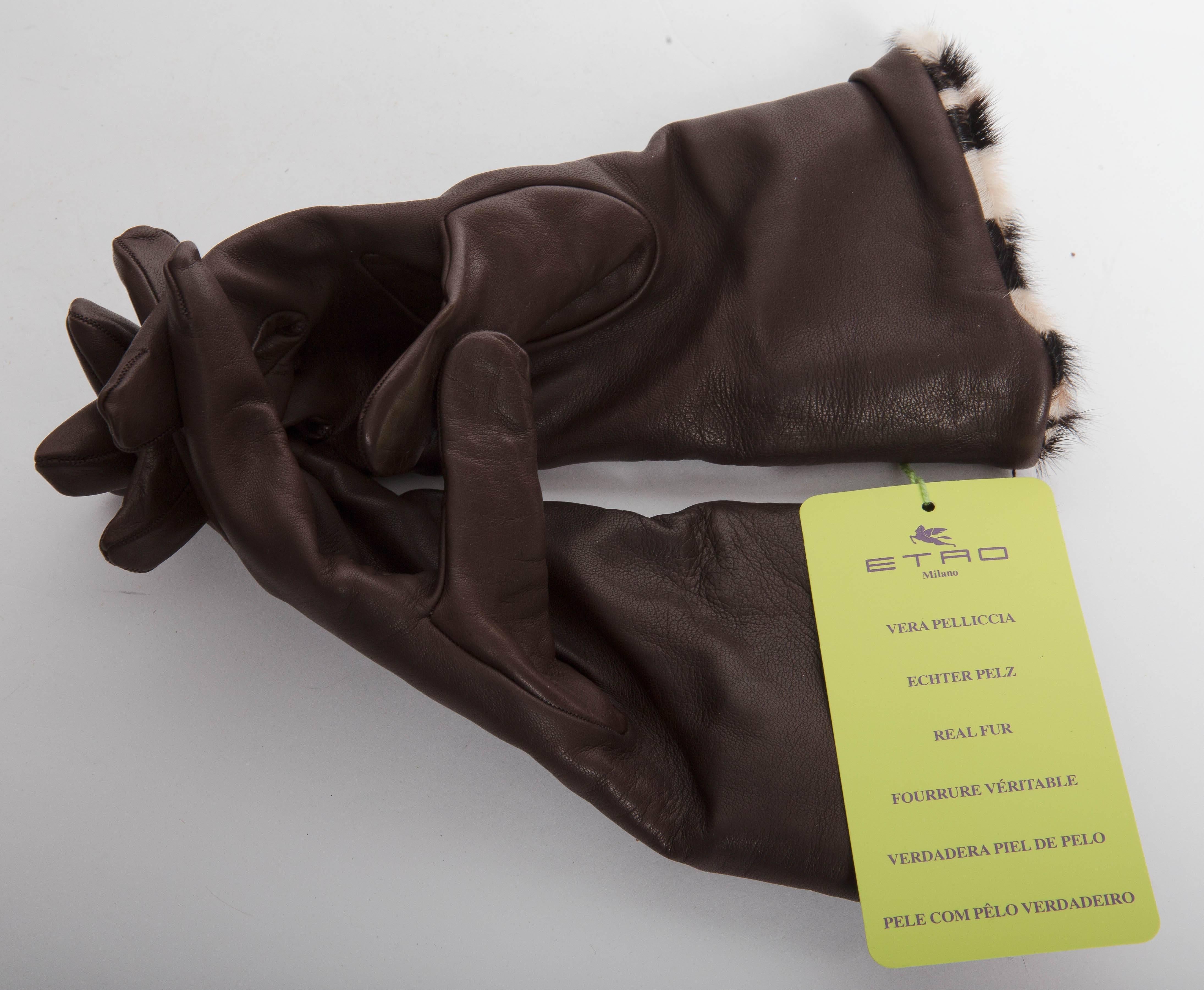 Women's Fur Lined Etro Brown Lambskin Gloves