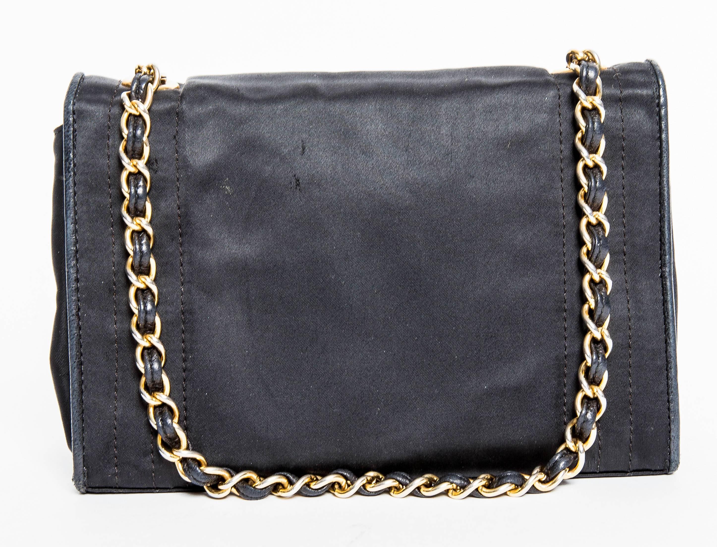 Chanel Black Silk Single Flap Evening Bag with Chain In Good Condition In Westhampton Beach, NY