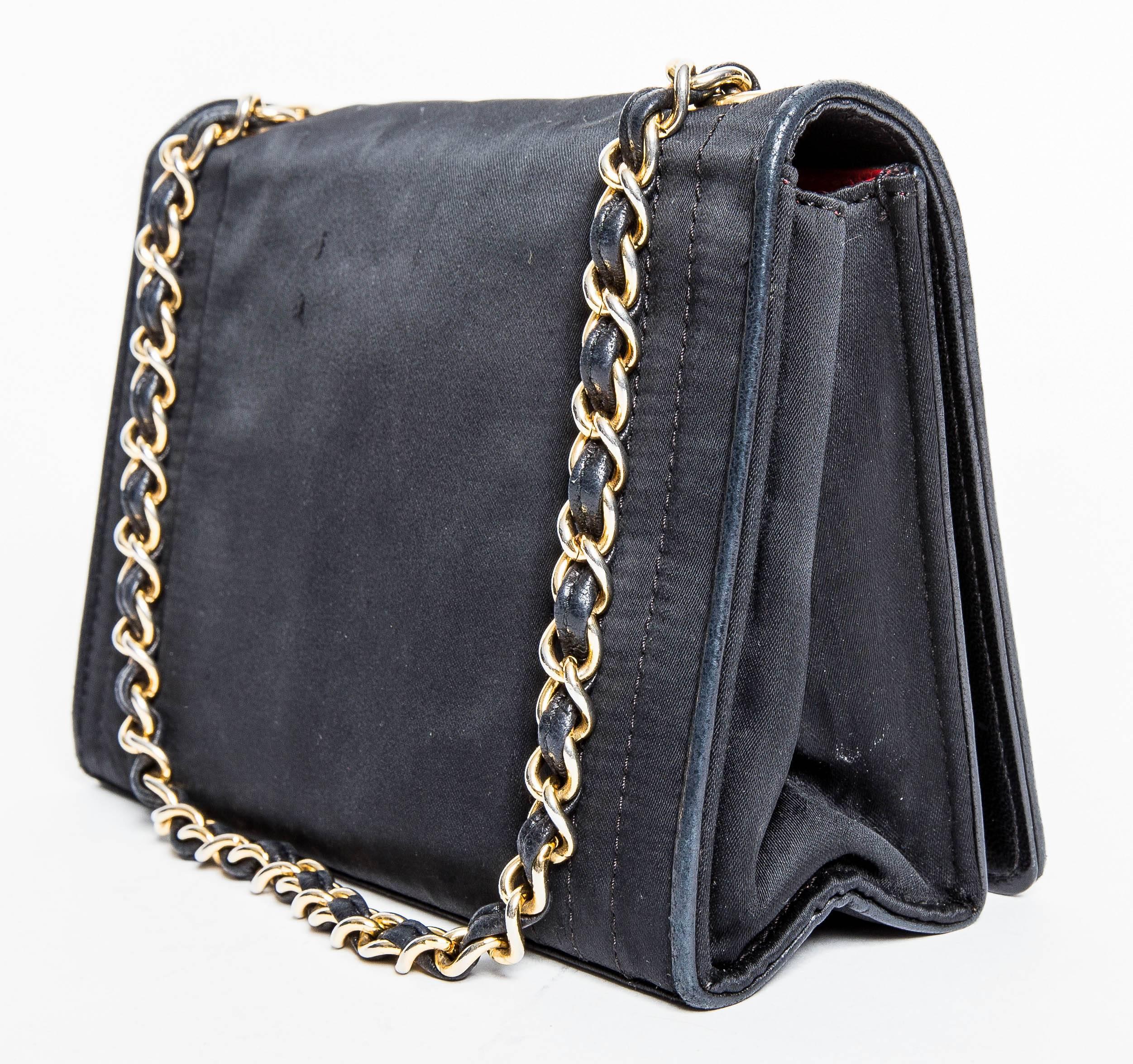 Women's Chanel Black Silk Single Flap Evening Bag with Chain