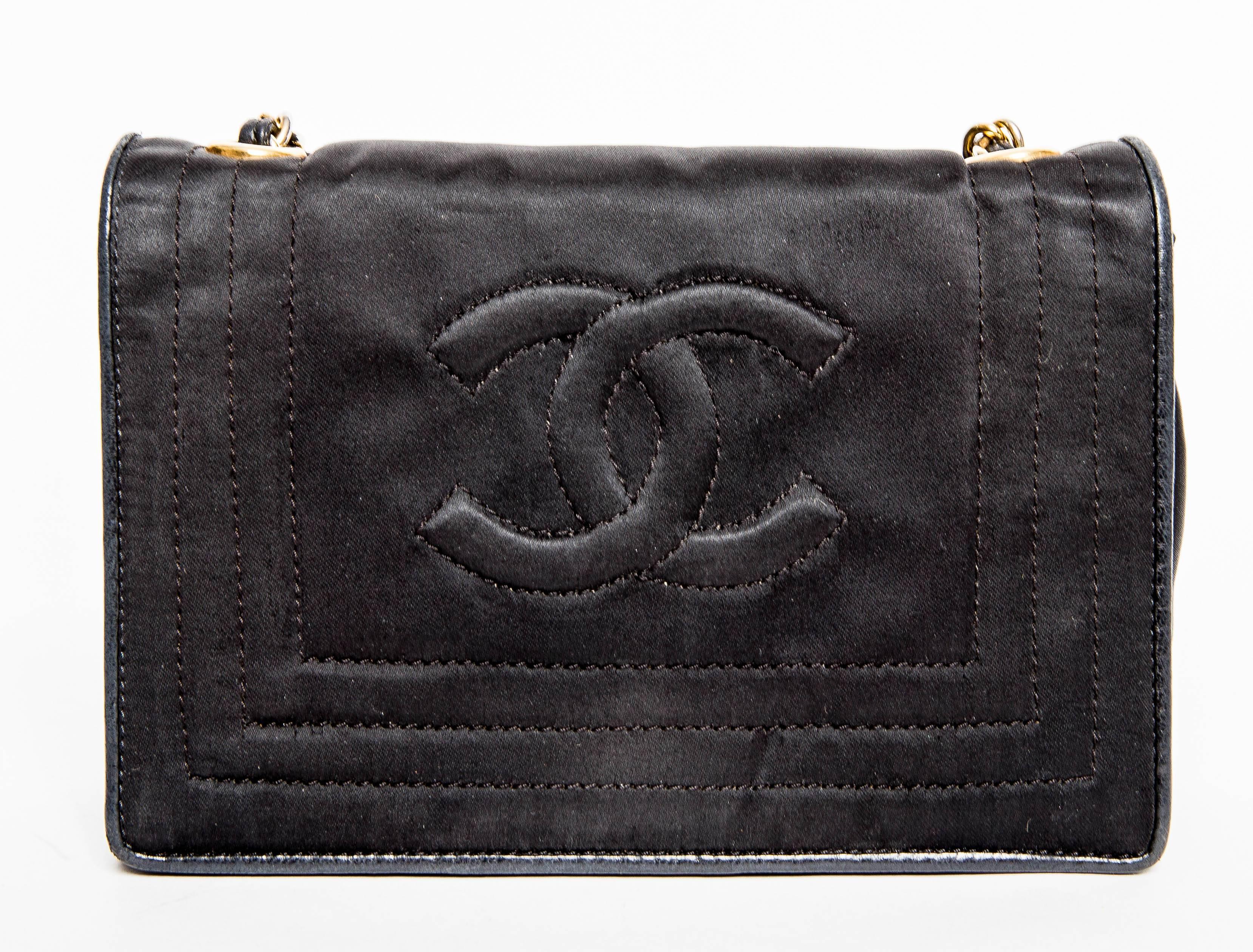 Chanel Black Silk Single Flap Evening Bag with Chain 3