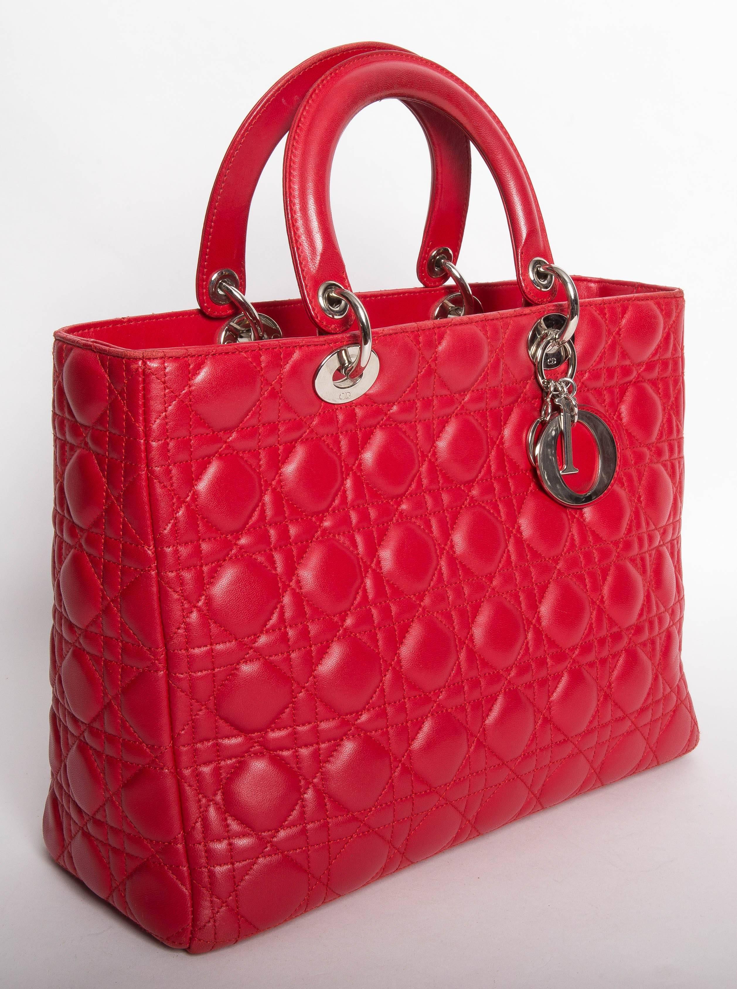 Christian Dior Lady Dior Red Leather Bag with Silver Hardware In Excellent Condition In Westhampton Beach, NY