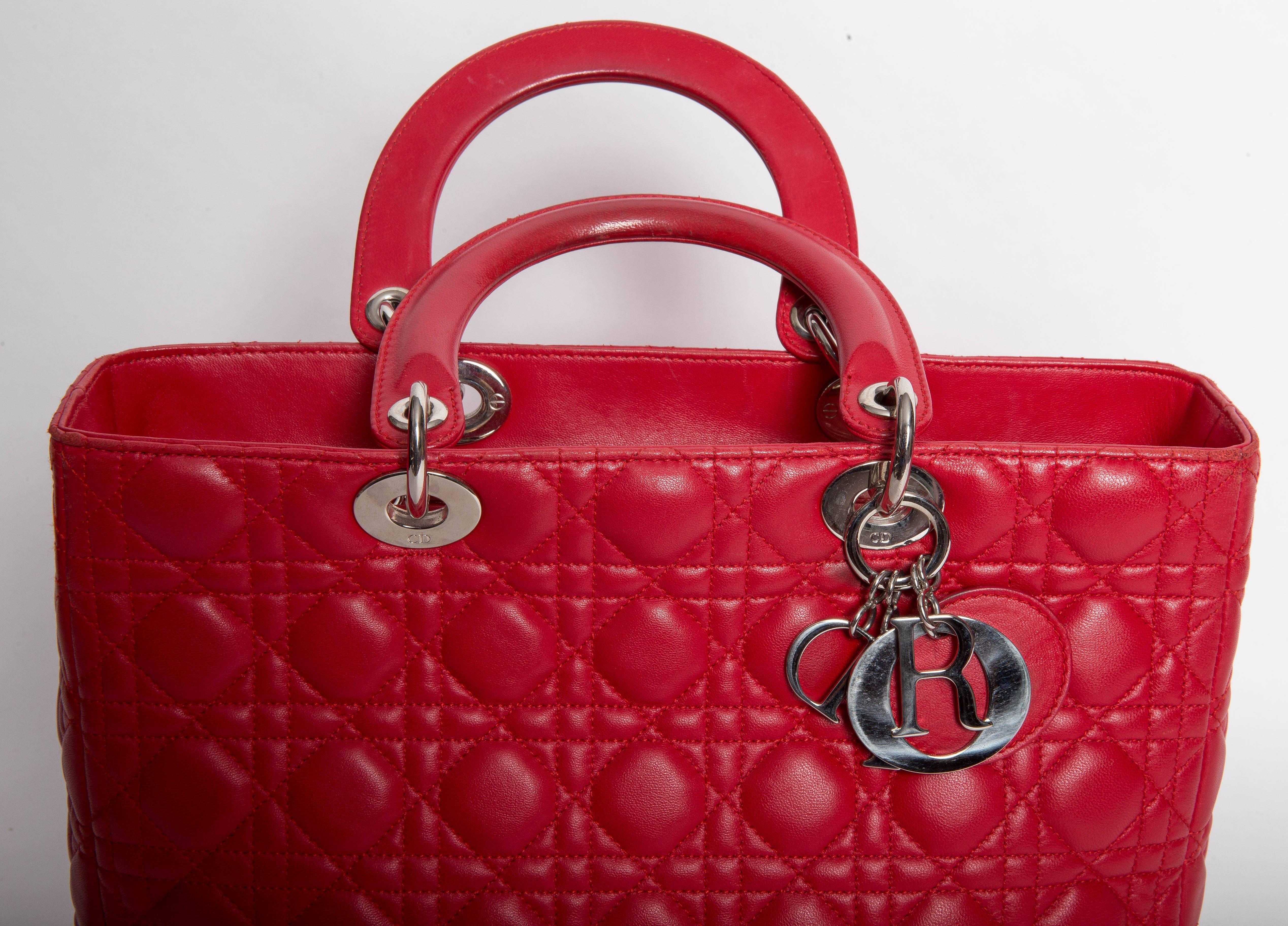 Women's Christian Dior Lady Dior Red Leather Bag with Silver Hardware