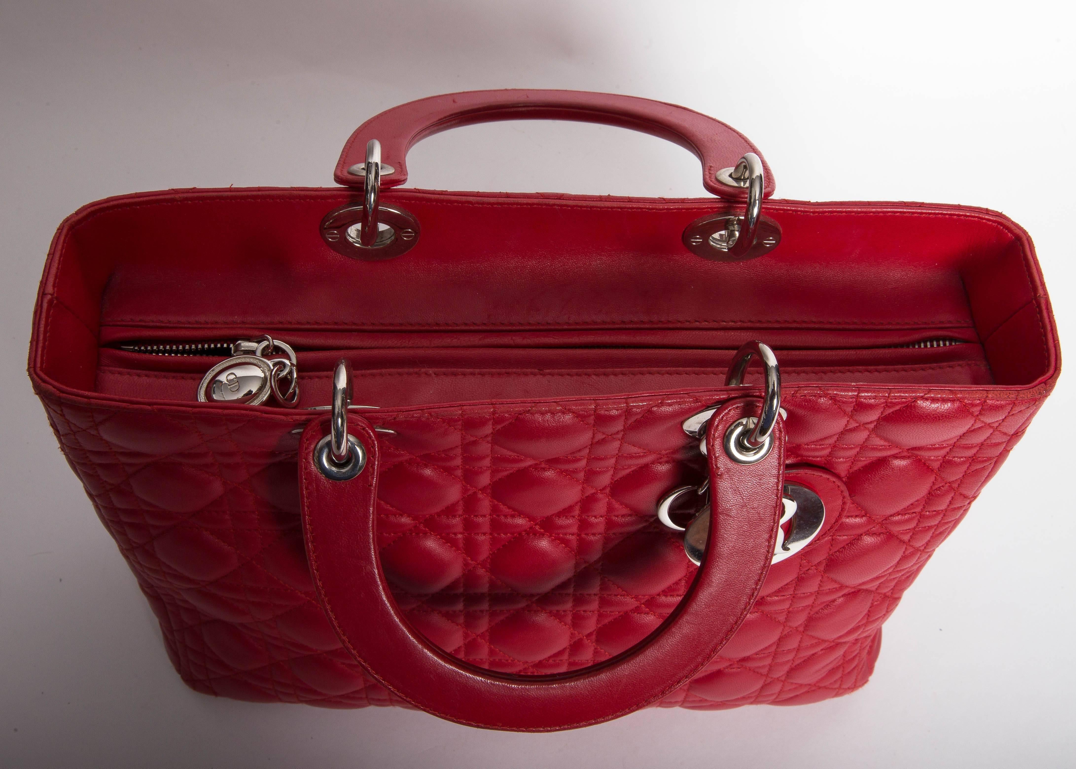 Christian Dior Lady Dior Red Leather Bag with Silver Hardware 2
