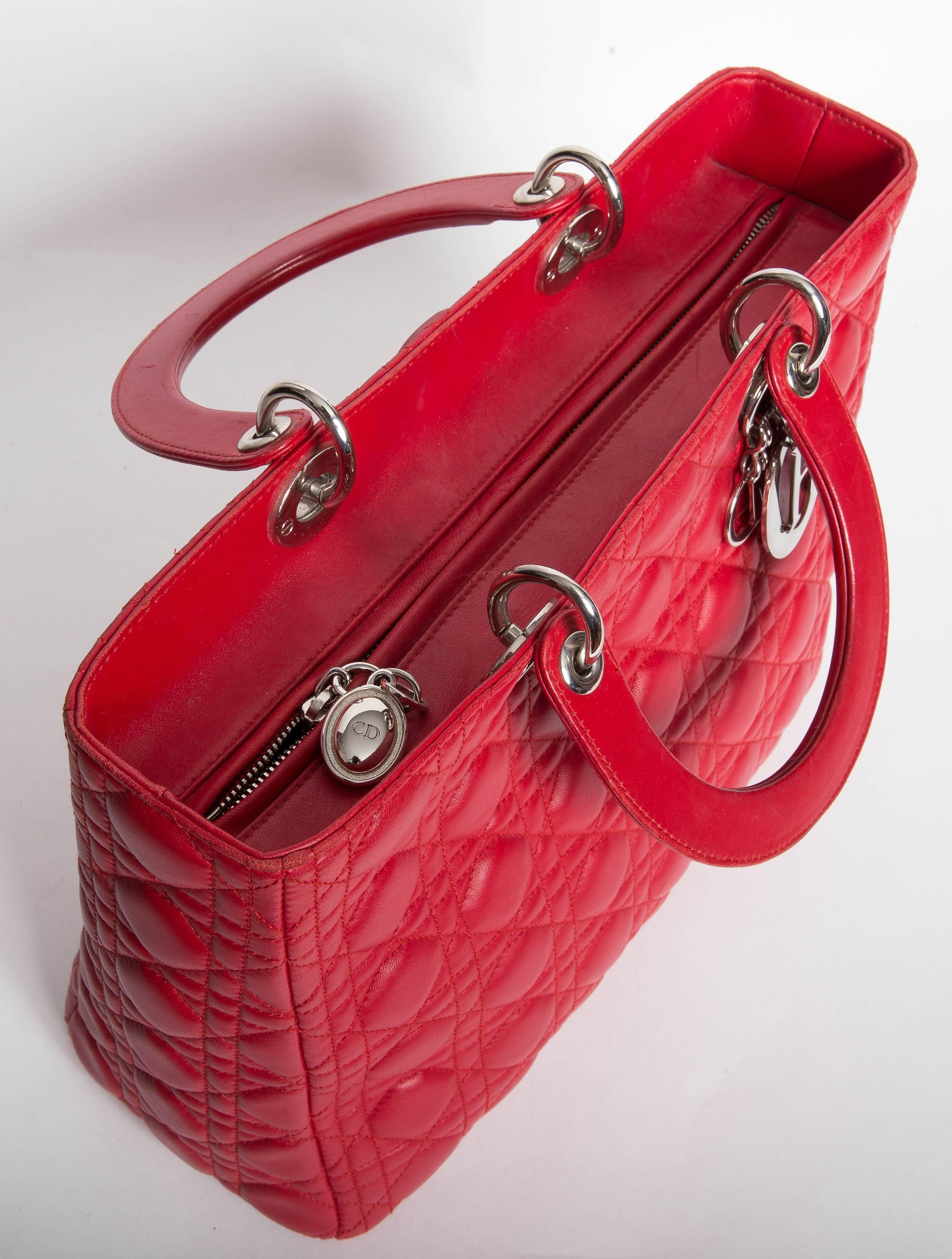 Christian Dior Lady Dior Red Leather Bag with Silver Hardware 3