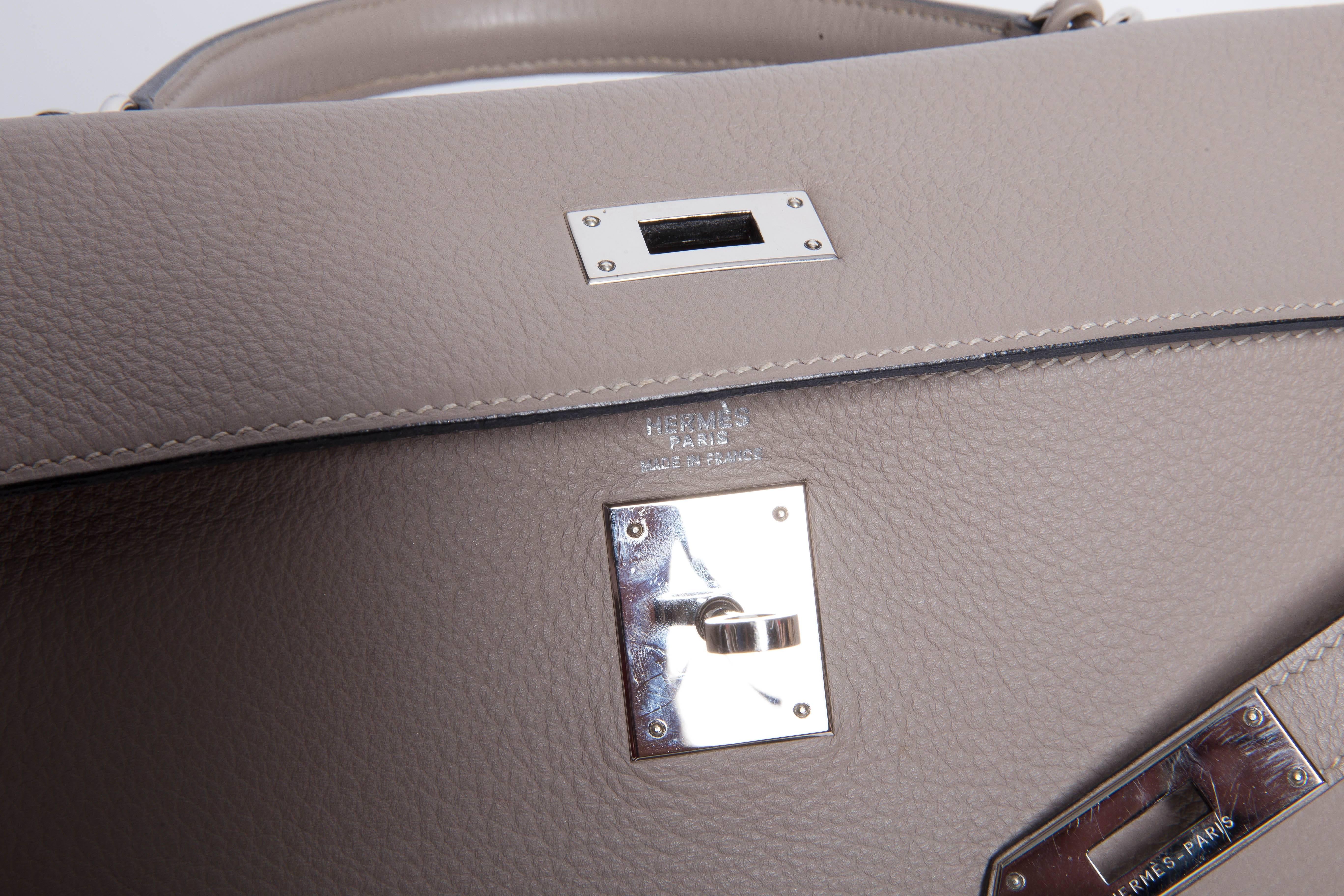 Women's Hermes Etoupe Clemence Leather Palladium Hardware Kelly Bag For Sale