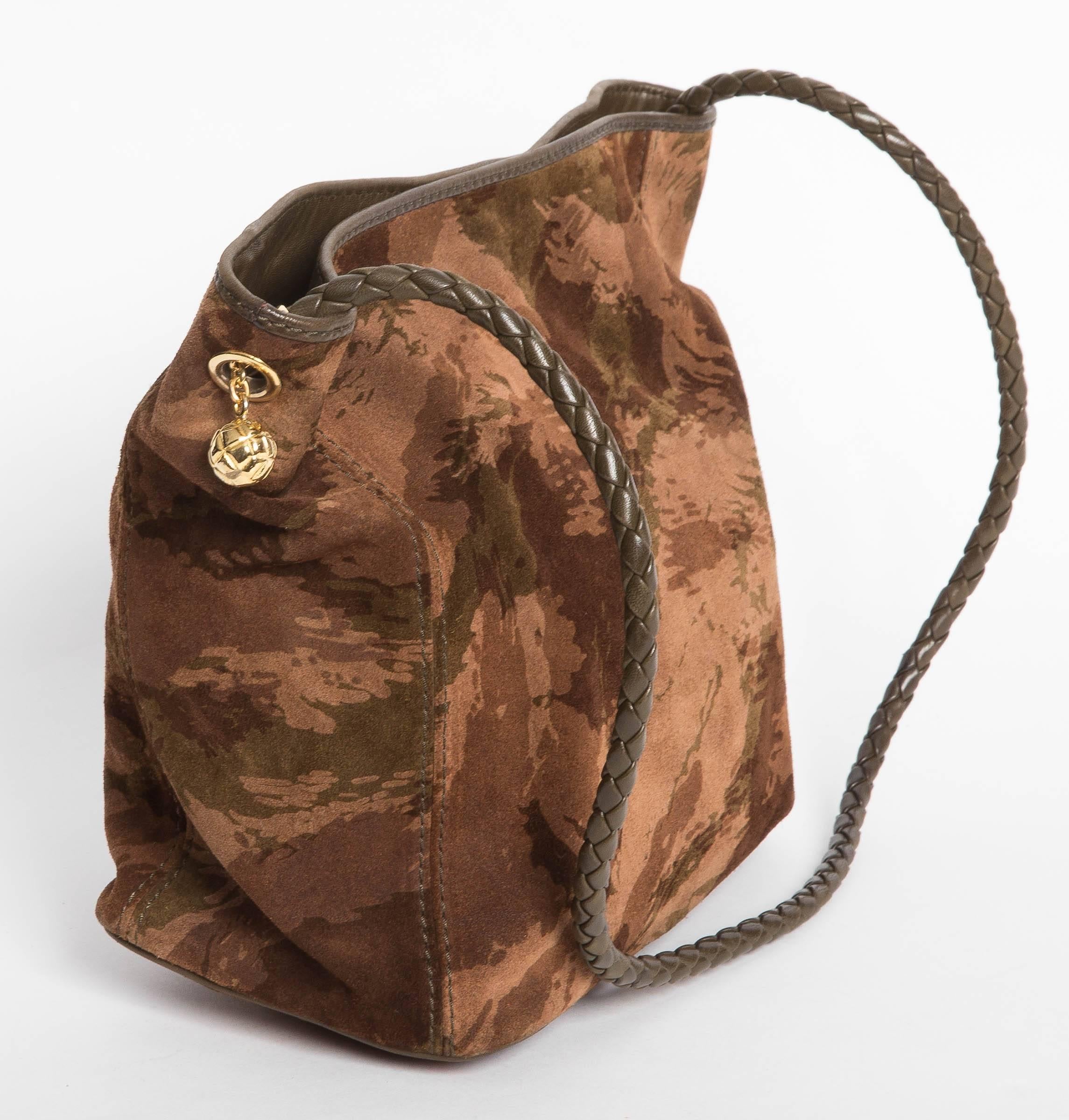 Brown Bottega Veneta Camouflage Suede Tote with Braided Leather Handle