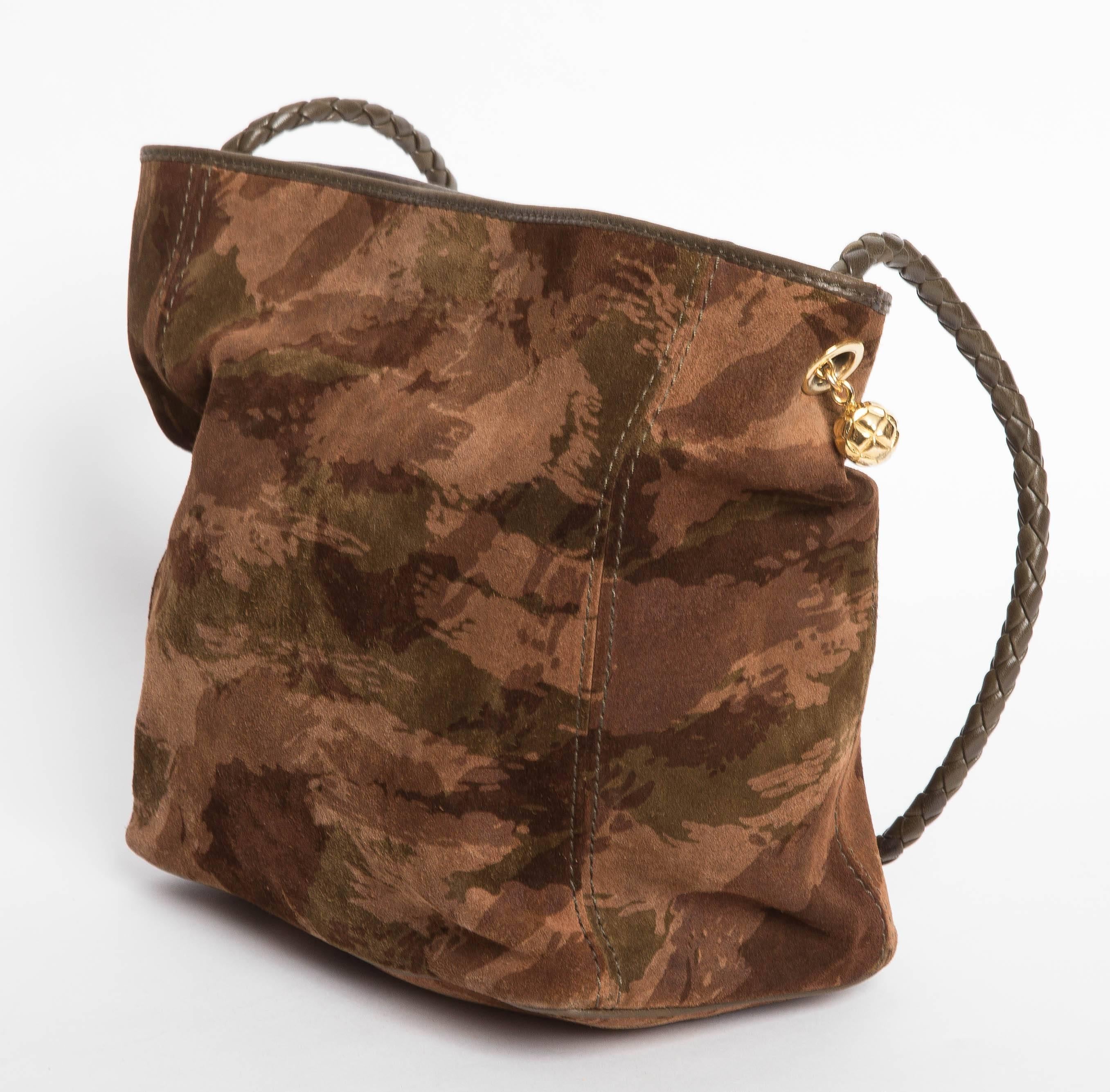Bottega Veneta Camouflage Suede Tote with Braided Leather Handle In Excellent Condition In Westhampton Beach, NY