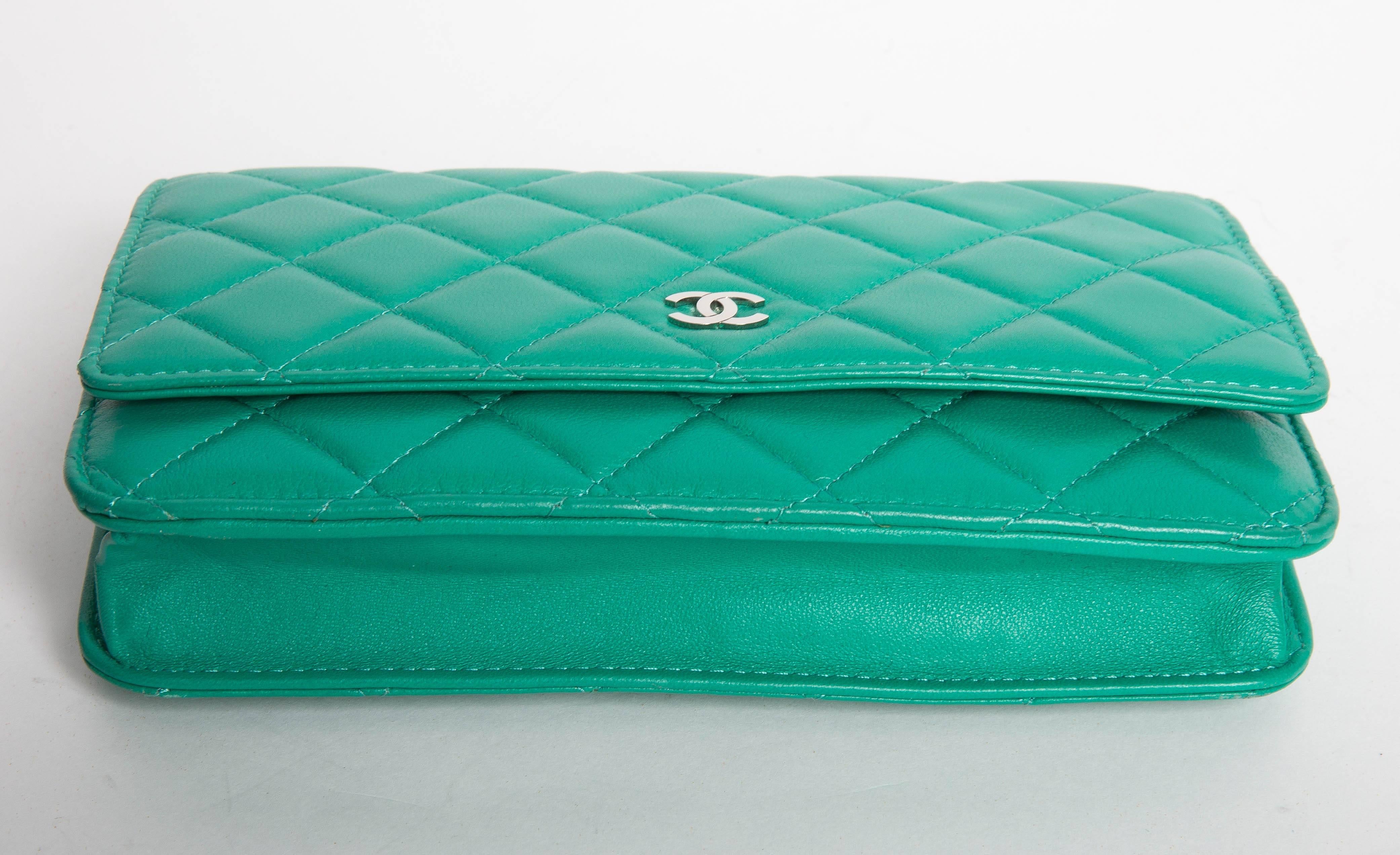 Women's Chanel Green Leather Wallet on a Chain with Silver Hardware
