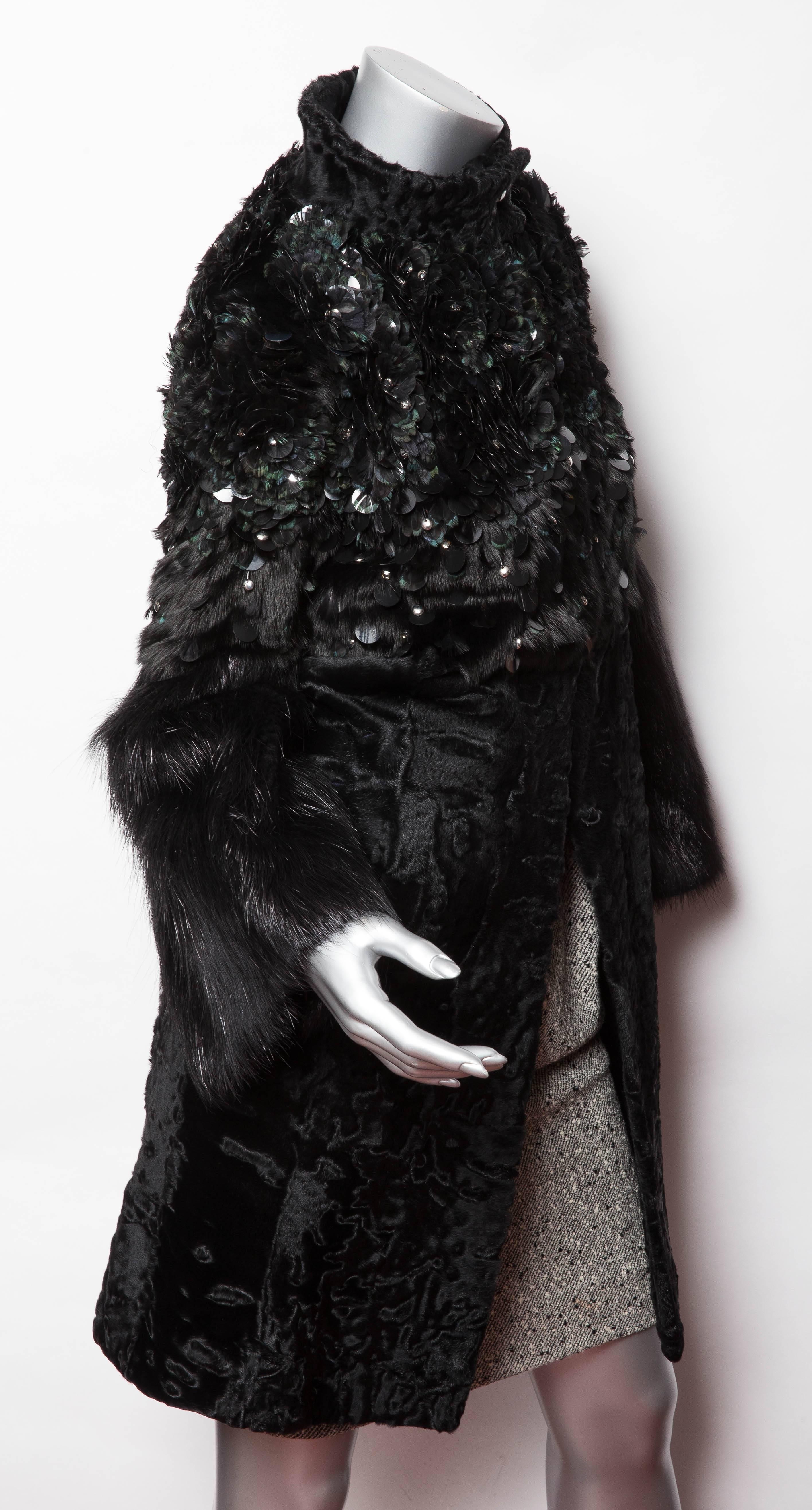 Black Gucci Runway Mink and Persian Lamb Coat w/ Paillettes and Crystals - Size 4 / 6