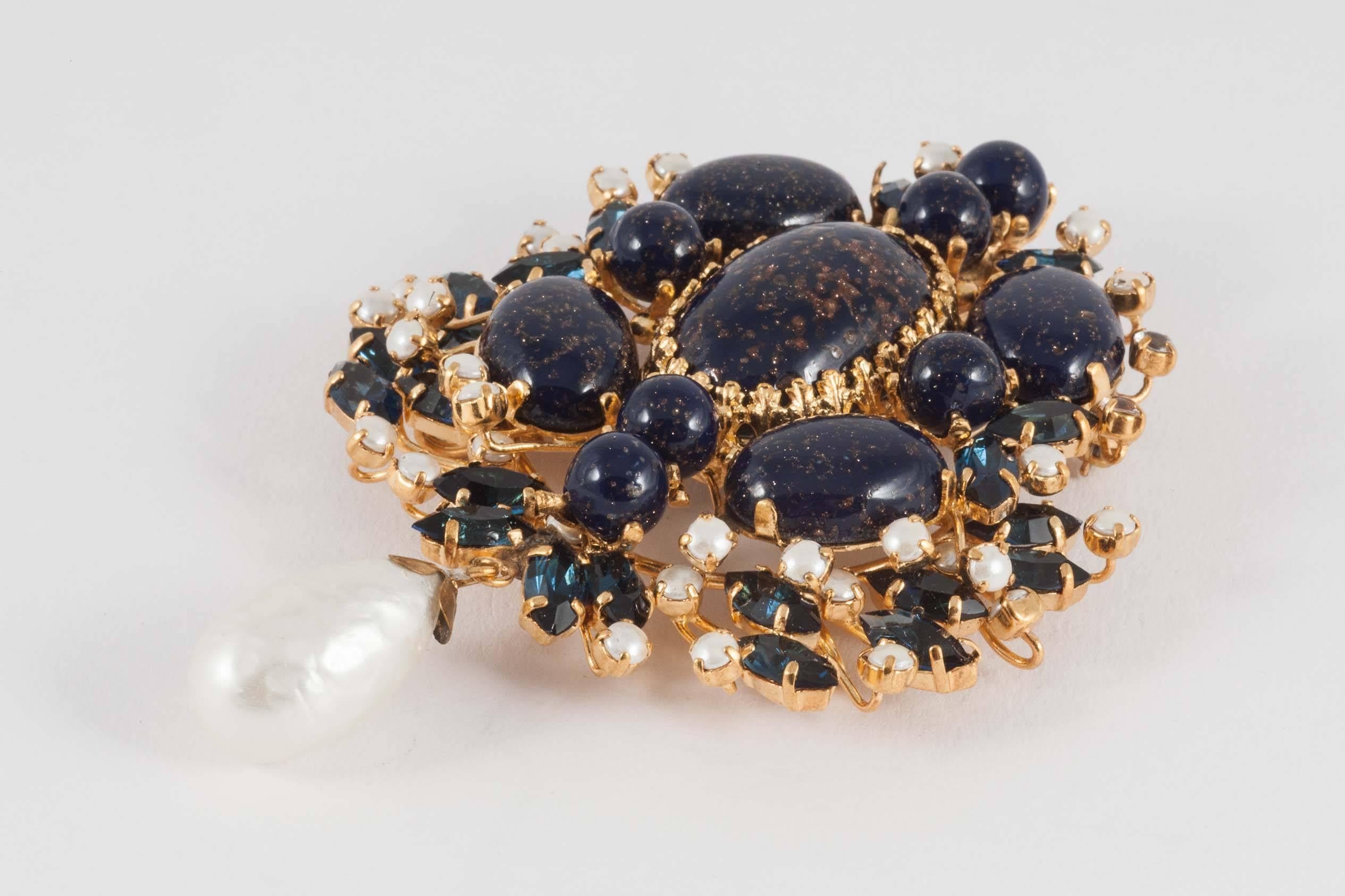 Large poured glass, paste and pearl drop brooch, Maison Gripoix, 1960s. 2