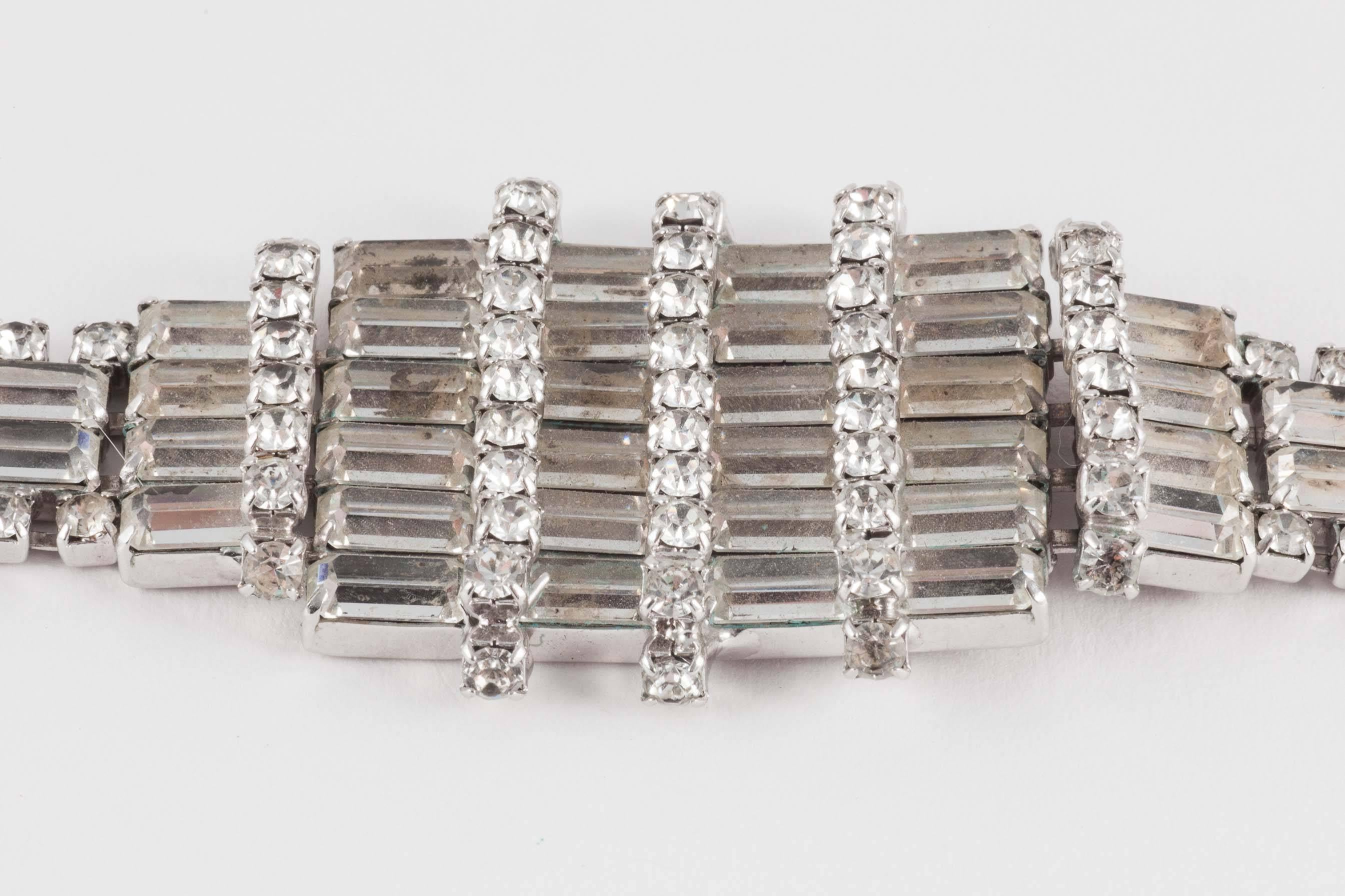 Women's Wonderfully architectural rhodium plated rhinestone cocktail bracelet, 1950s 