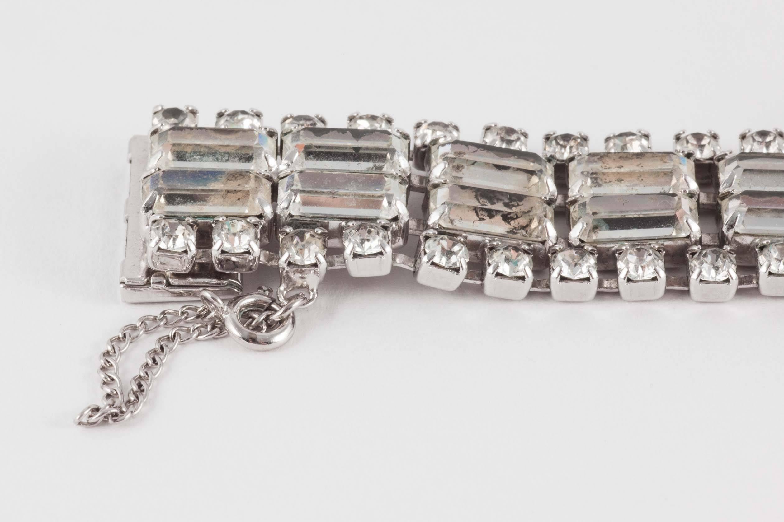 Wonderfully architectural rhodium plated rhinestone cocktail bracelet, 1950s  1
