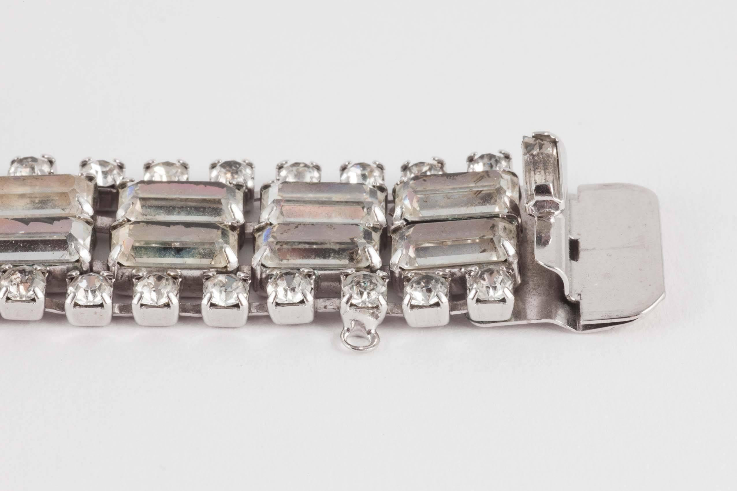 Wonderfully architectural rhodium plated rhinestone cocktail bracelet, 1950s  2