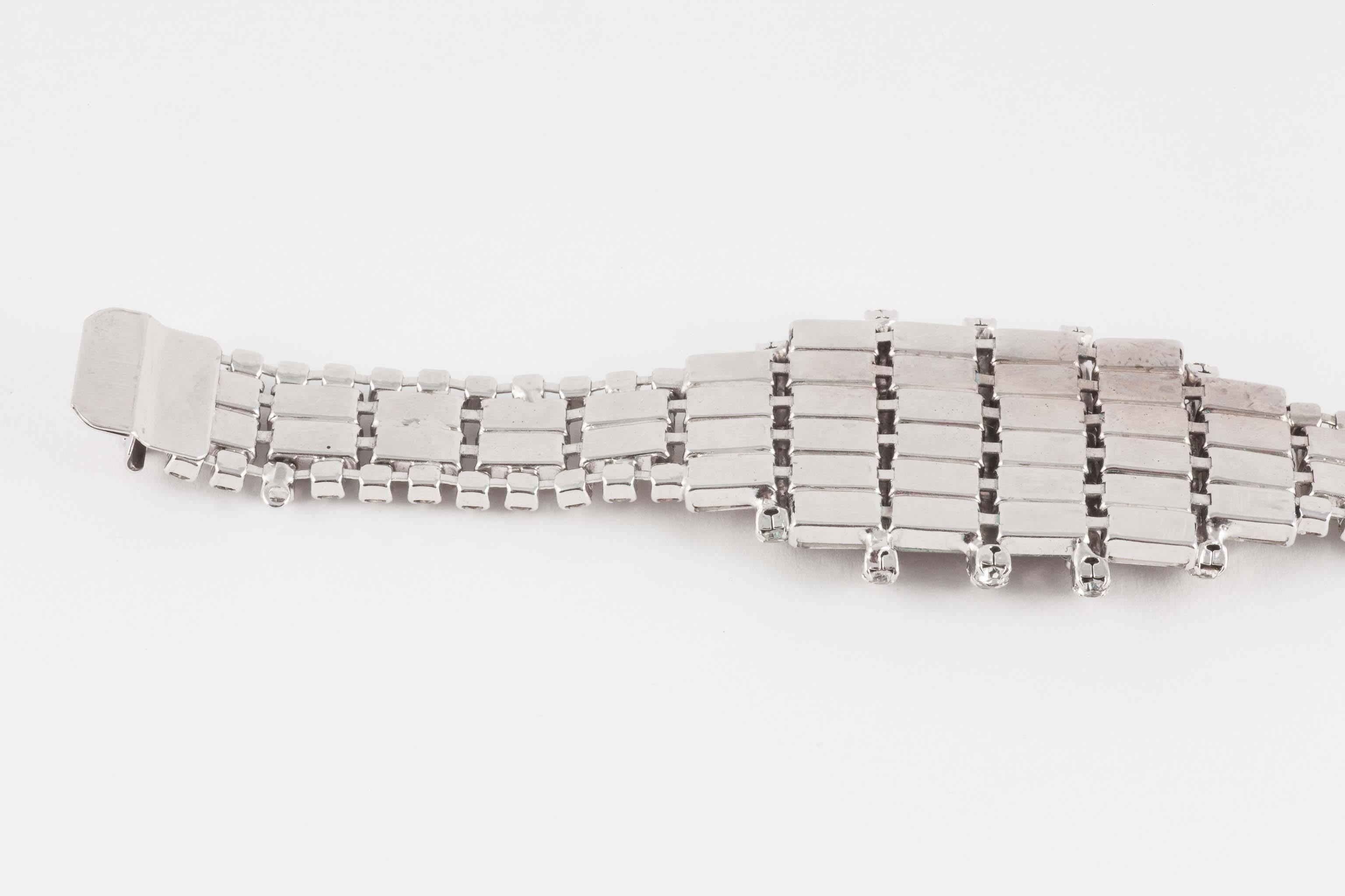 Wonderfully architectural rhodium plated rhinestone cocktail bracelet, 1950s  3