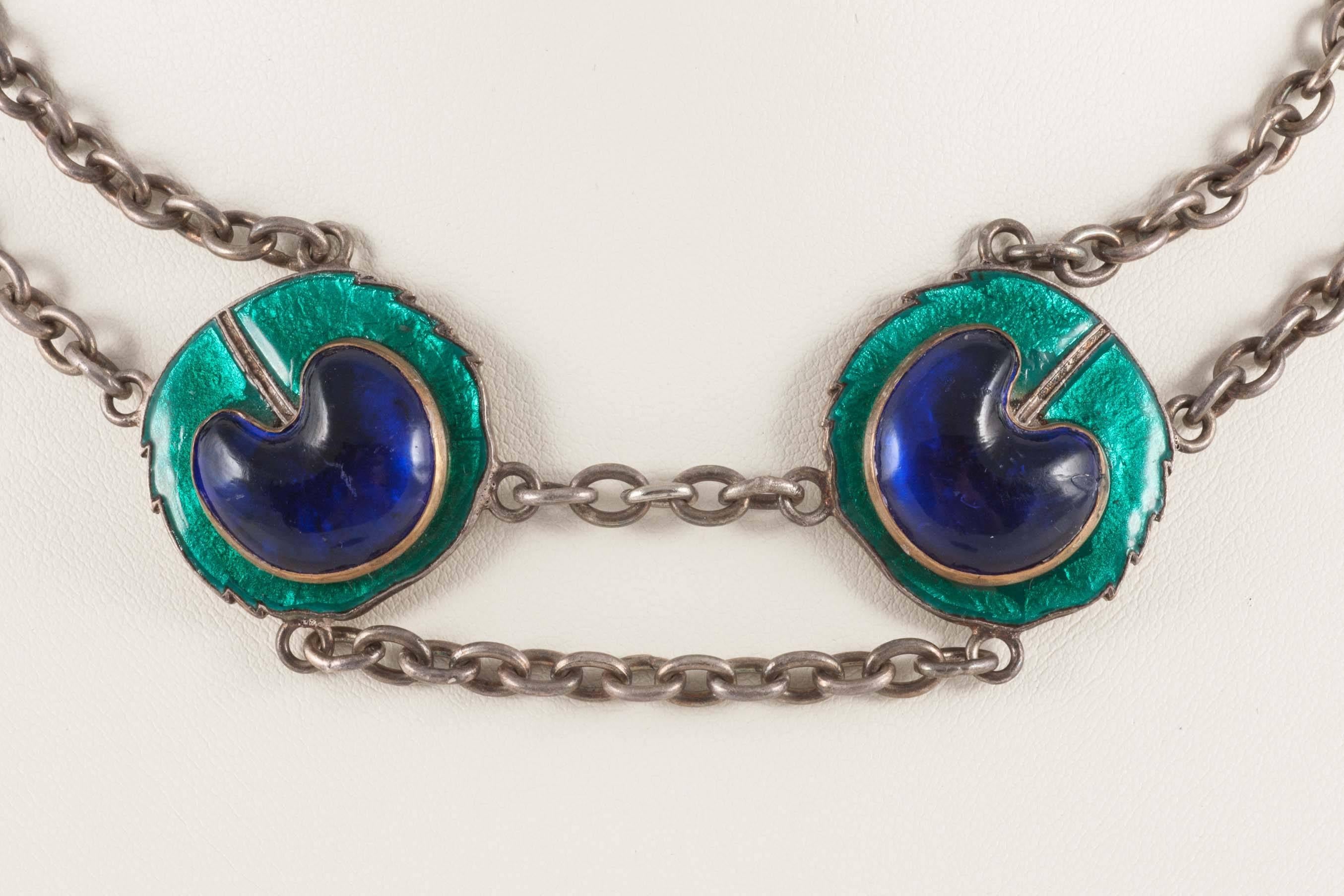 Art Nouveau Silver and enamel necklace and buckle attributed to Piel Freres Paris