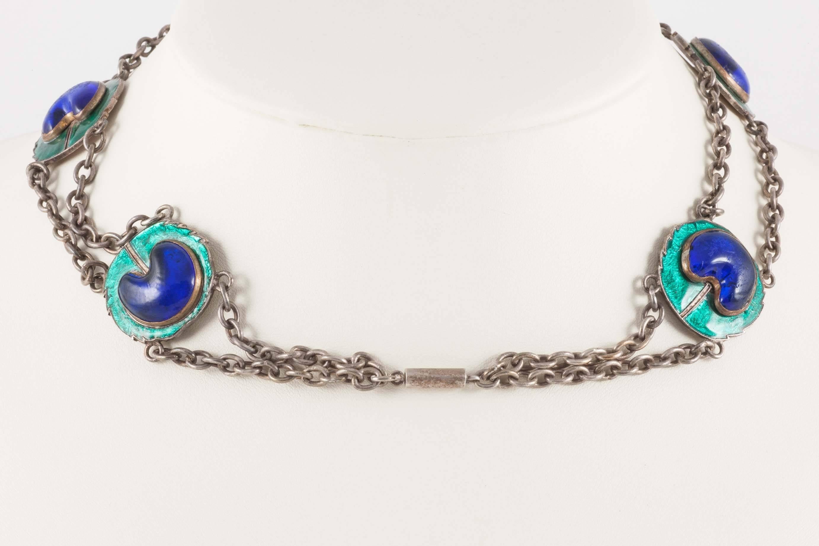 Silver and enamel necklace and buckle attributed to Piel Freres Paris 1