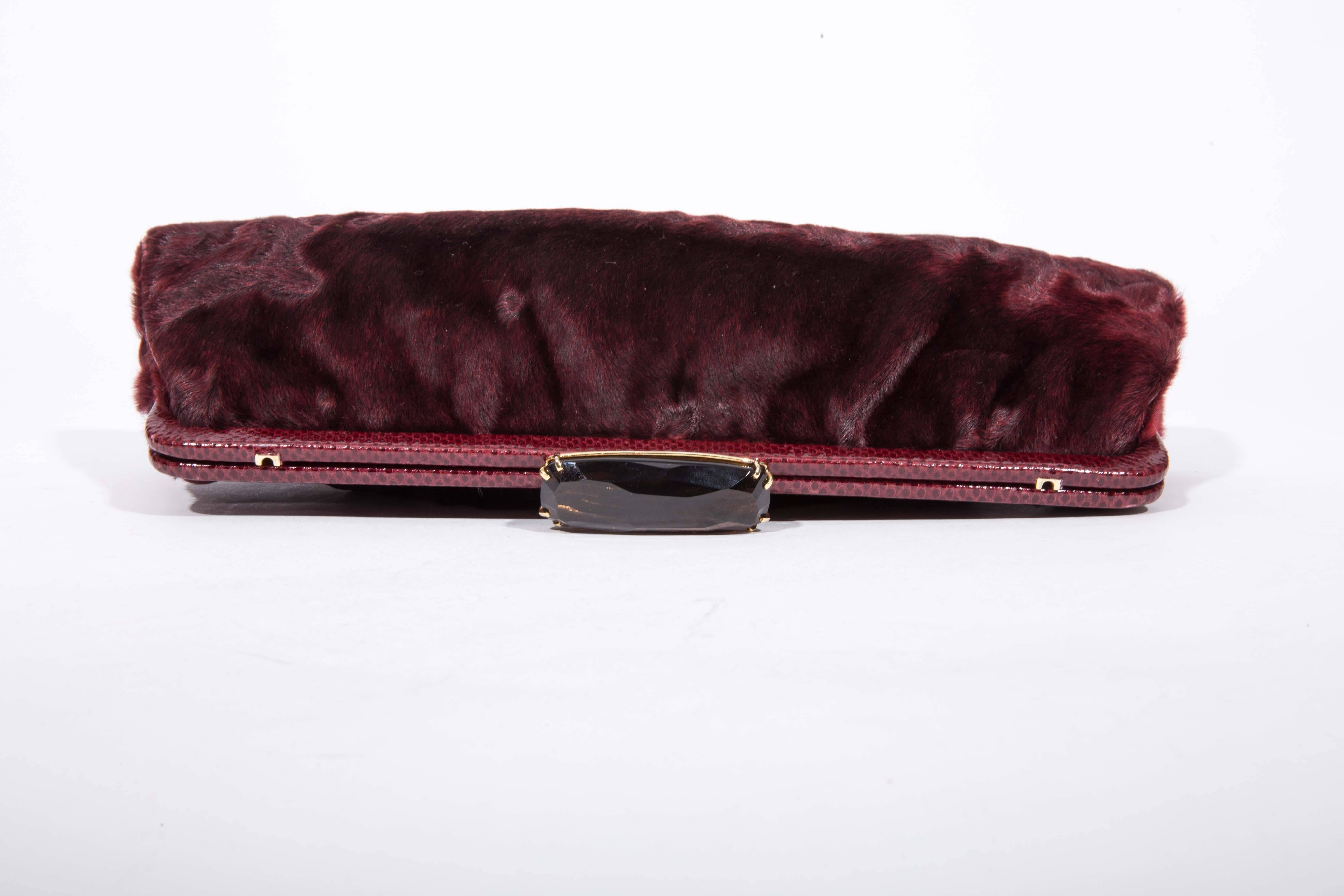 Black Dennis Basso Wine Colored Fur Clutch with Snake Trim and Crystal Clasp