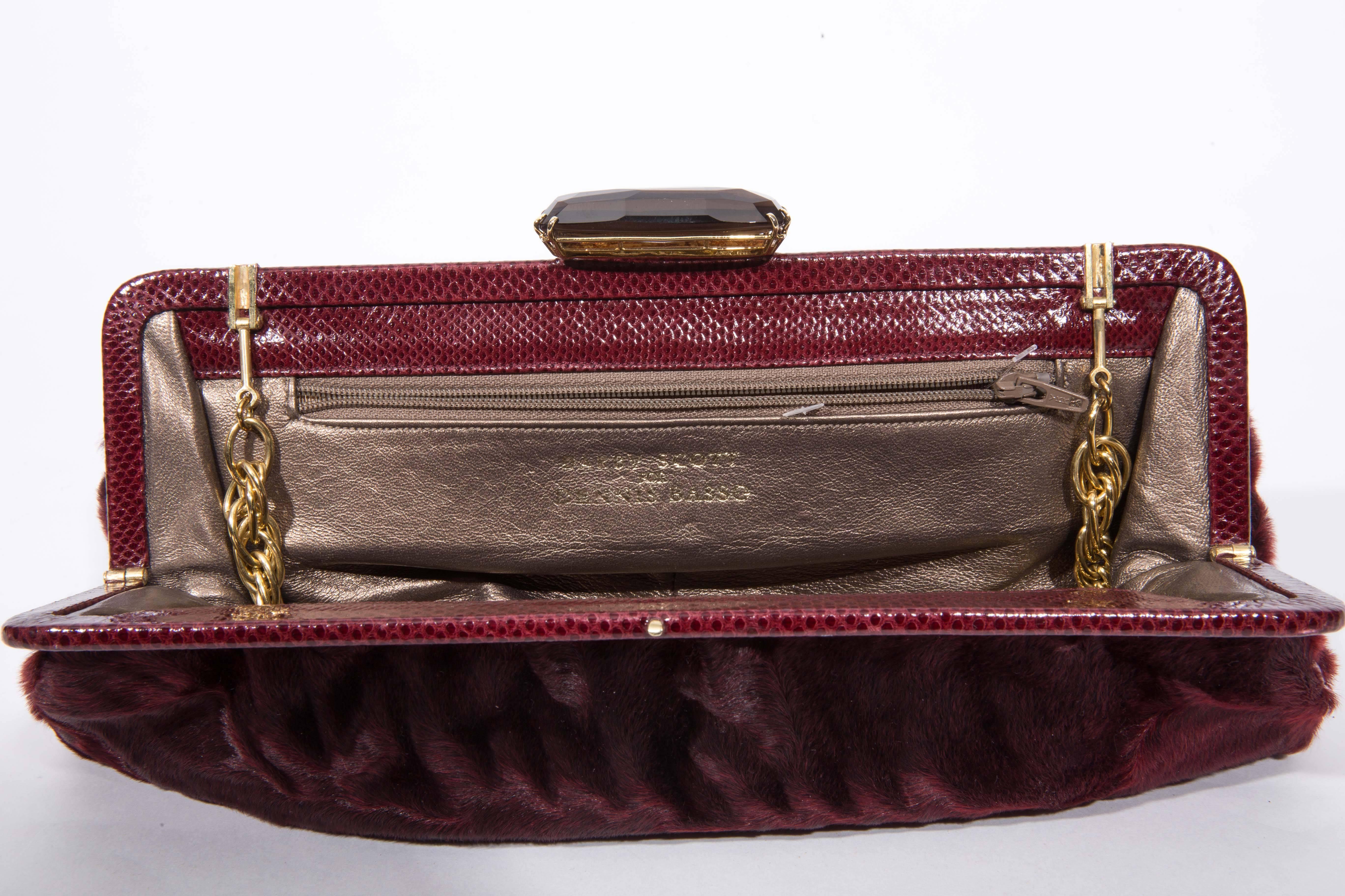 Dennis Basso Wine Colored Fur Clutch with Snake Trim and Crystal Clasp In Excellent Condition In Westhampton Beach, NY