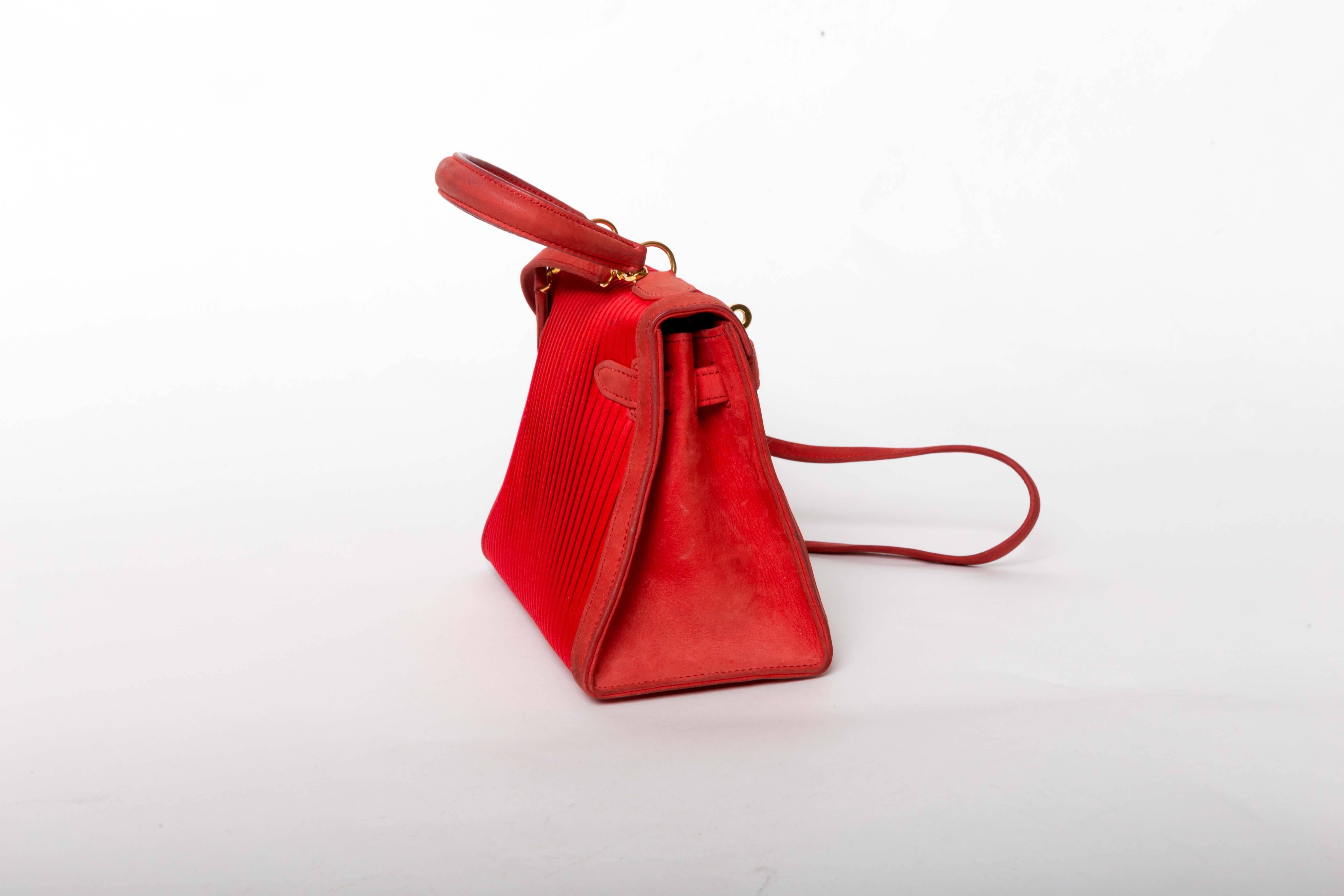 Very Rare Hermes Red Satin and Nubuck Mini Kelly In Good Condition In Westhampton Beach, NY