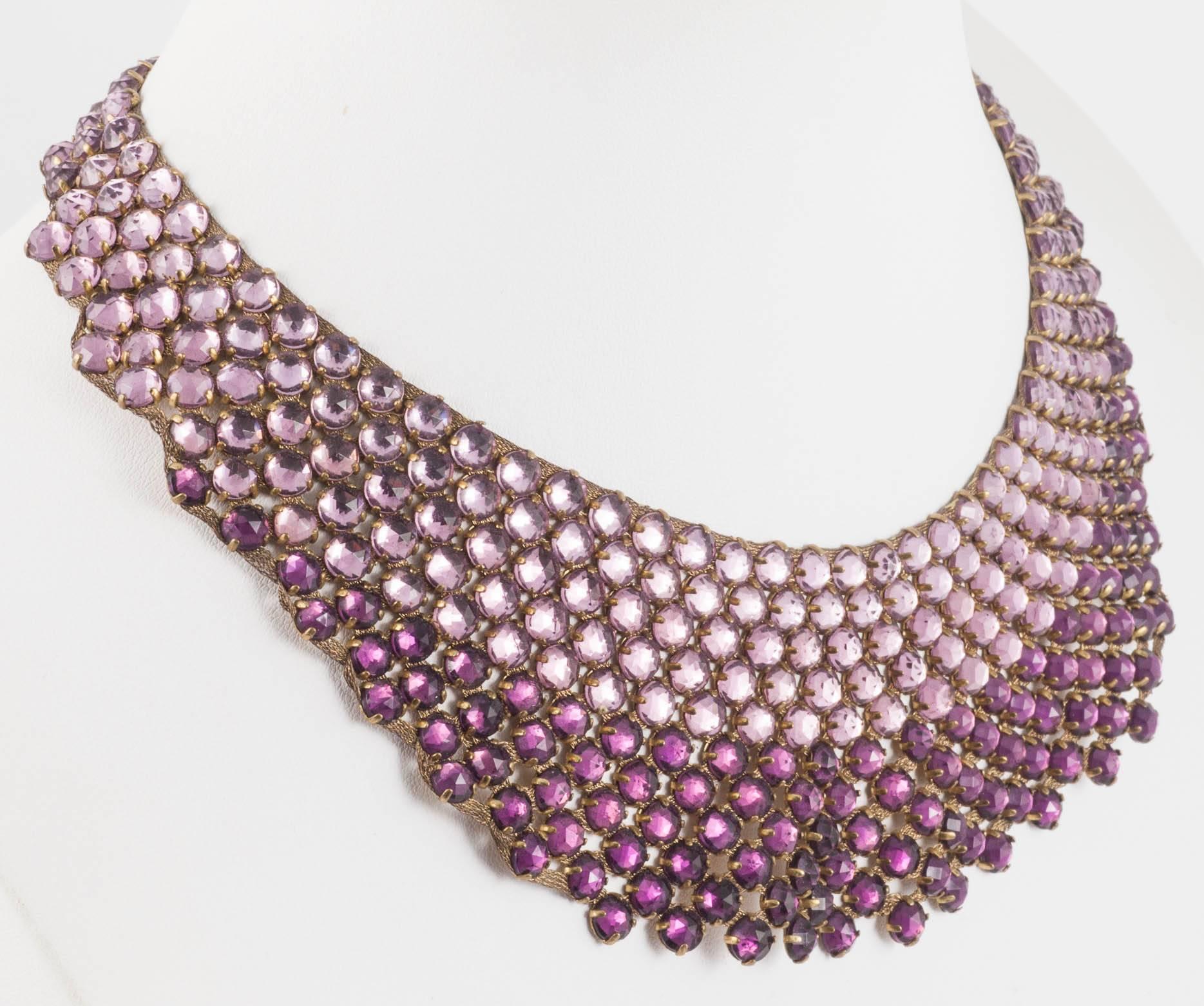 Women's Amethyst glass faceted cabuchon collar and matching earrings, att. Lanvin, 1920s For Sale