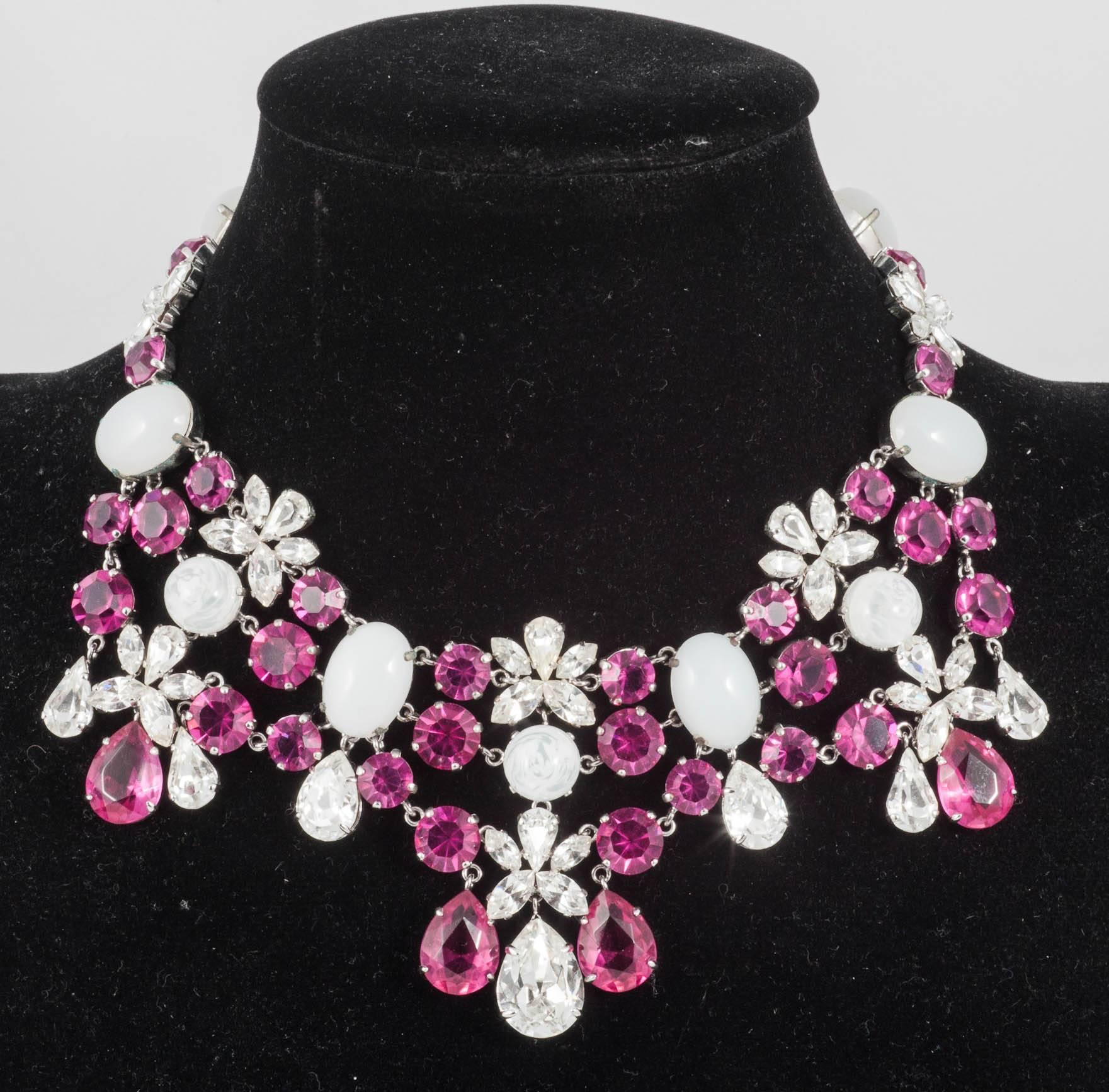 A rare and highly glamorous necklace from Christian Dior, in striking deep fuschia pink and milky moonstone cabuchons, including trademark 'swirled' button stones of this period, and paste highlights. This is a design by Francis Winter, Dior's head