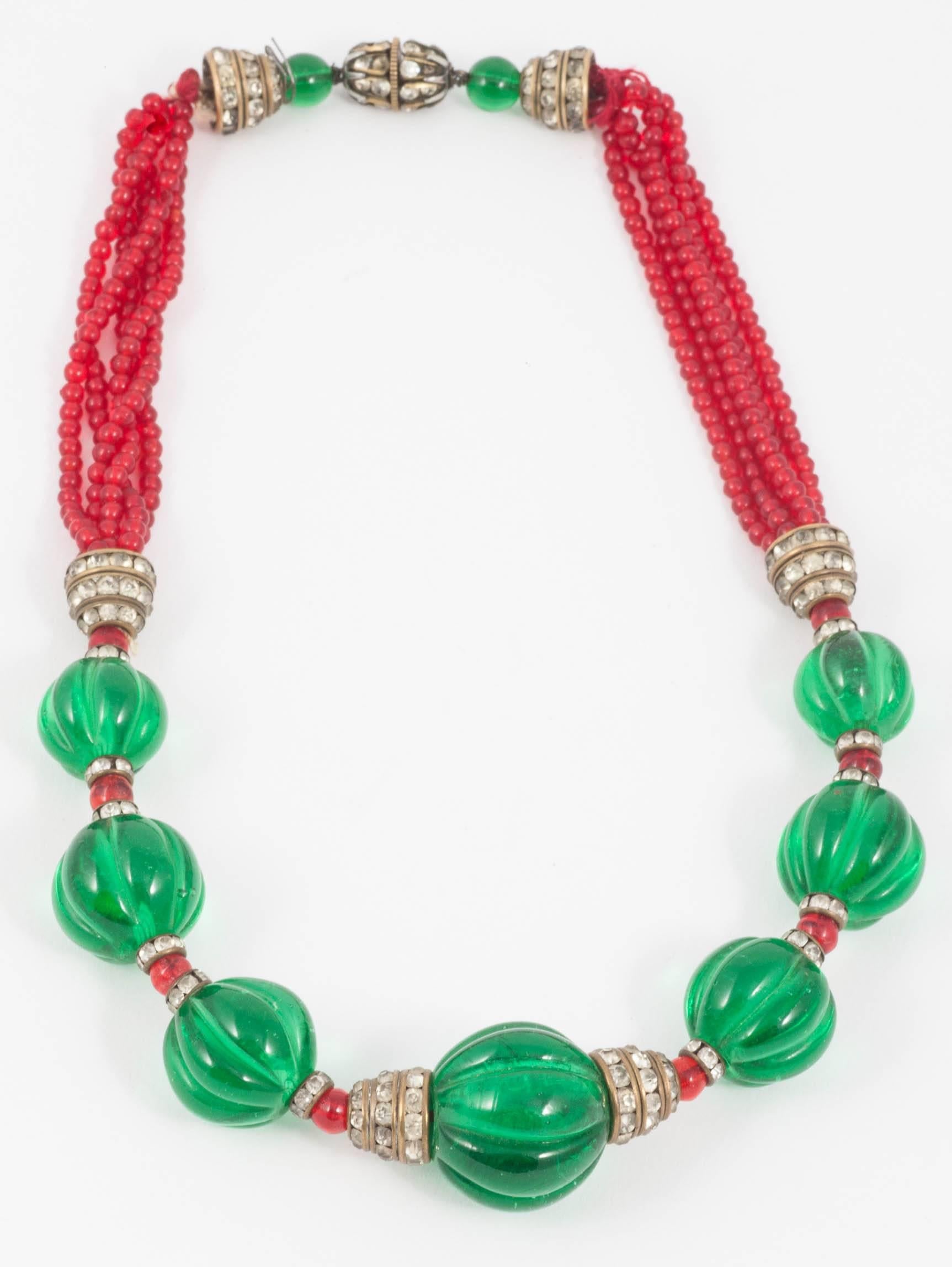 Chanel Moghul style emerald ruby glass necklace, 1930s In Excellent Condition In Greyabbey, County Down
