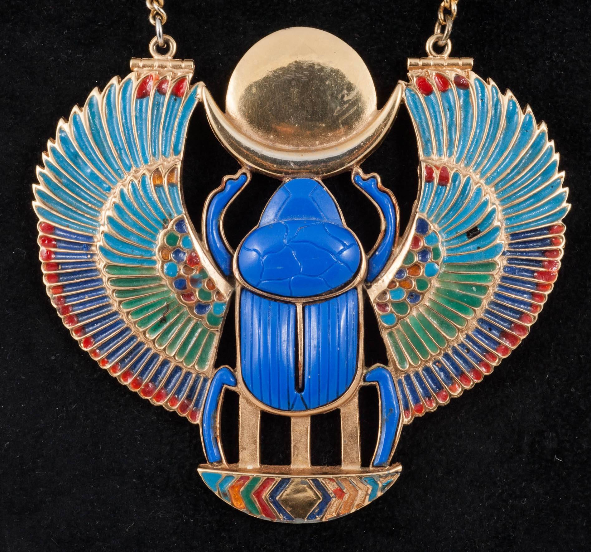 This incredible pendant was made to celebrate the famous British Museum Tutankhamen exhibition in 1972. Thomas Fattorini of Birmingham was a medal and insignia maker who mainly made regimental regalia, hence the lovely quality of this striking