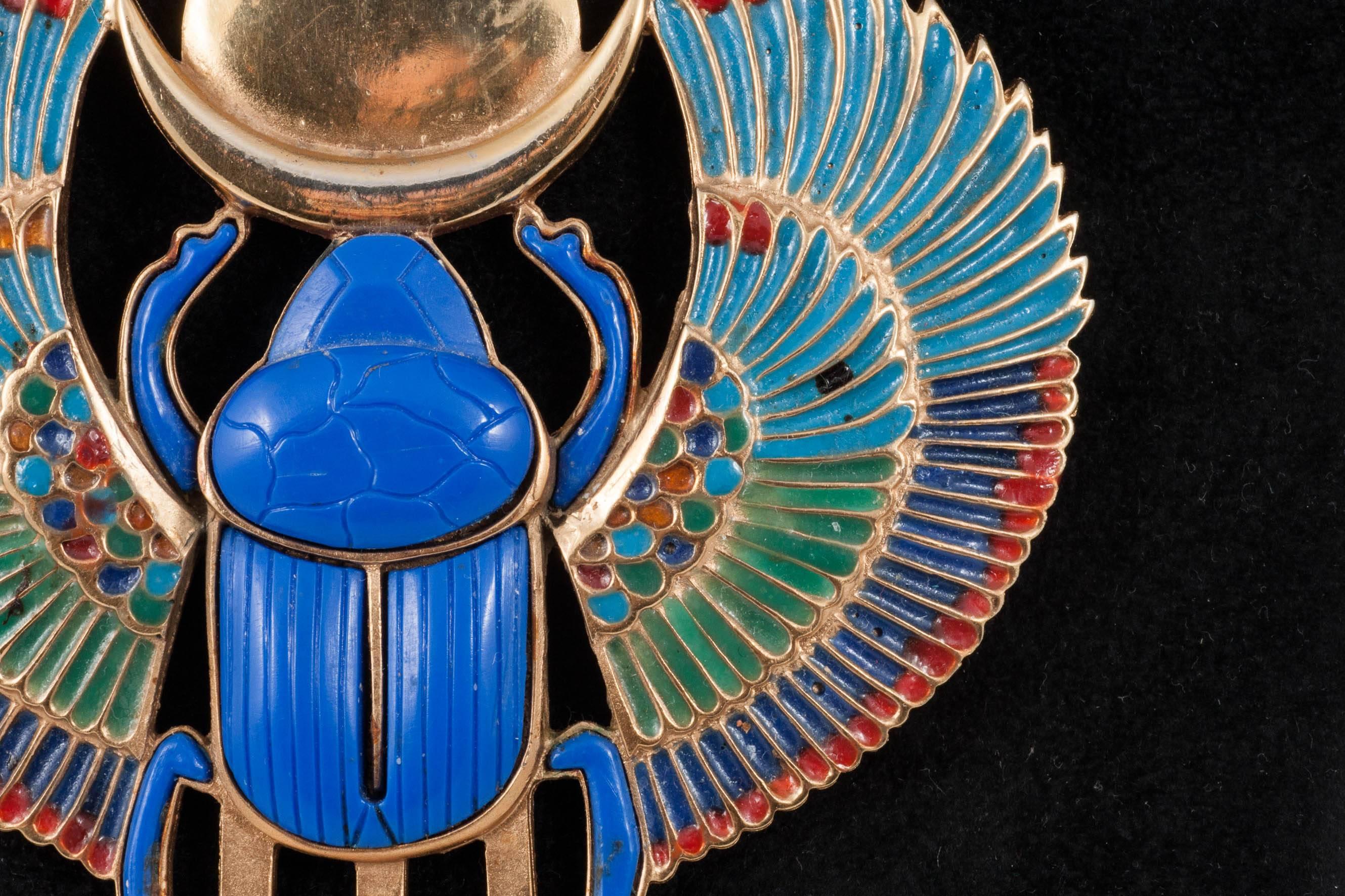Egyptian Revival 'Tutankhamun' gilt, enamel and lucite pendant by Thomas Fattorini, 1972