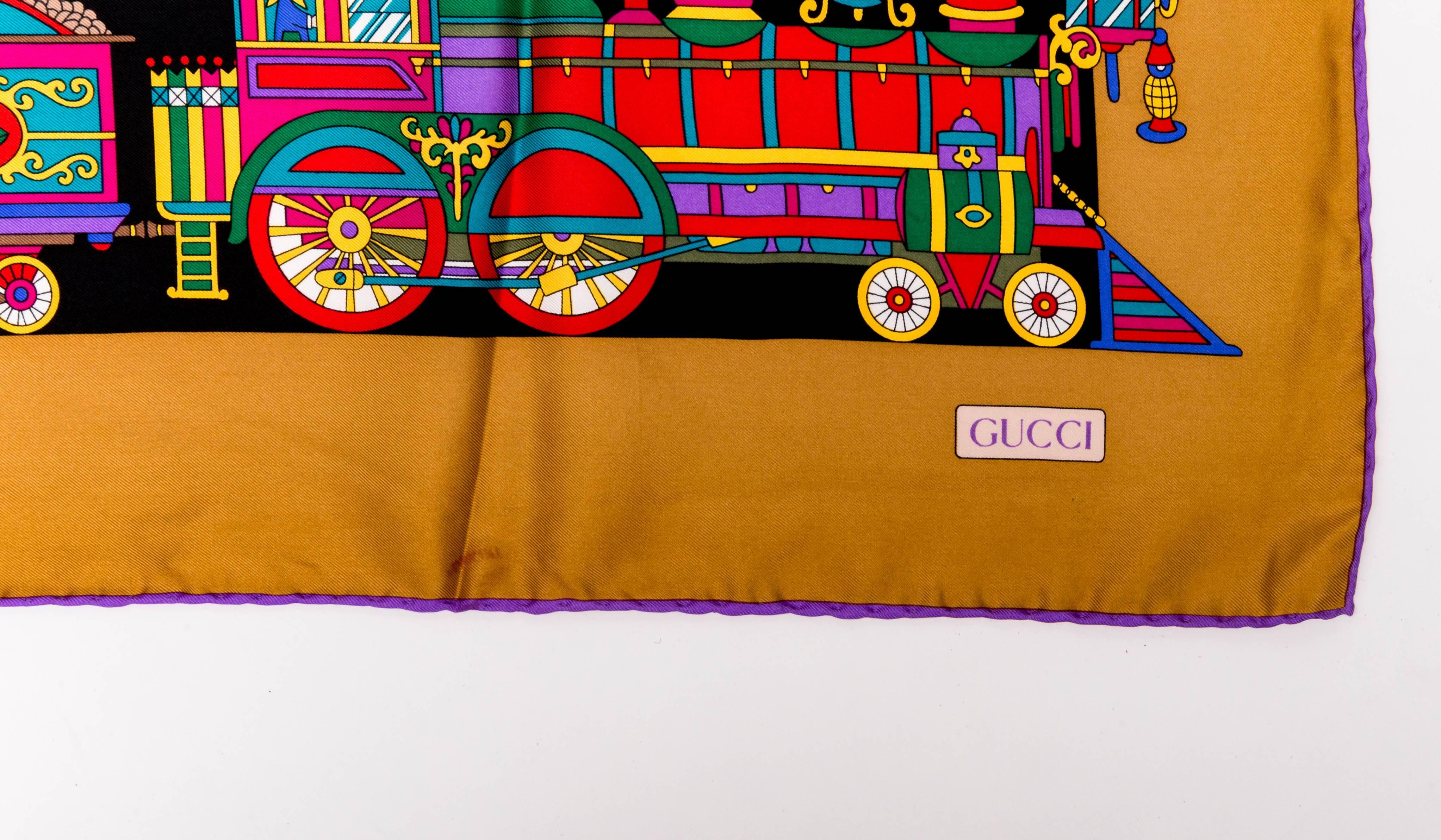 Vintage Circus Theme  Gucci Silk Scarf with a Gold Border and Purple Rolled Hem 1