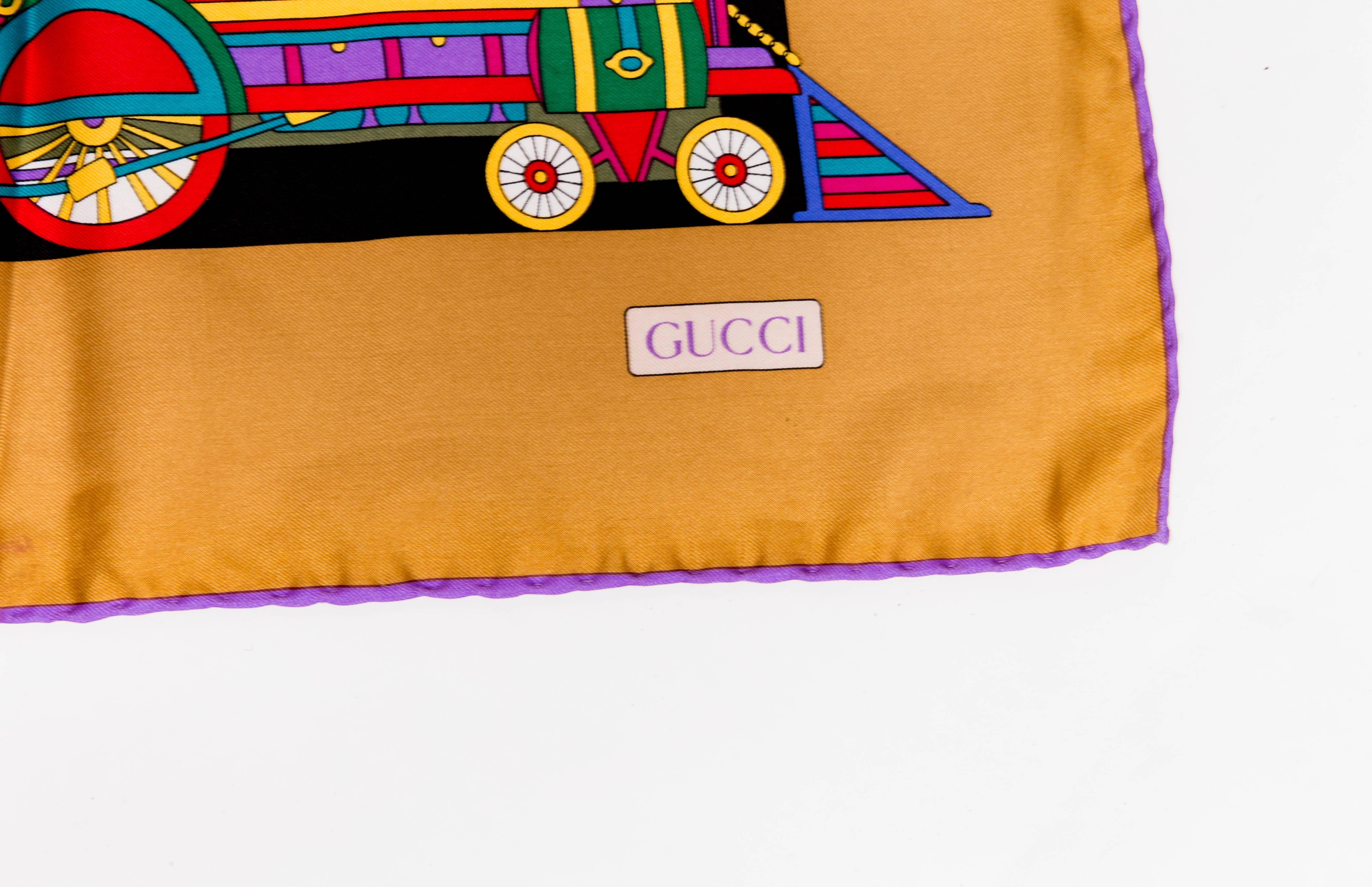 Vintage Circus Theme  Gucci Silk Scarf with a Gold Border and Purple Rolled Hem 3