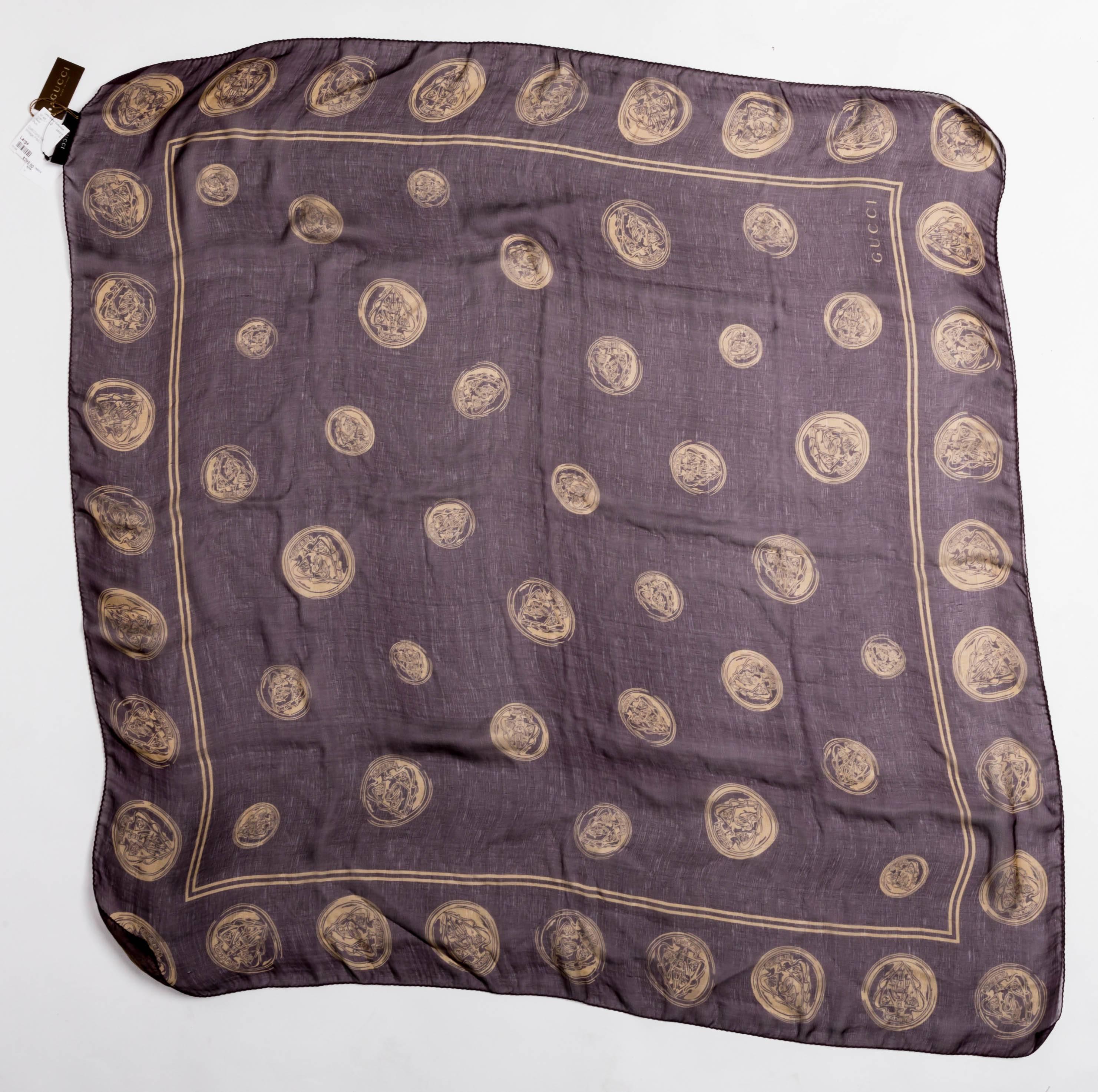 Gray Gucci Aubergine Silk Scarf with Gold Coins 