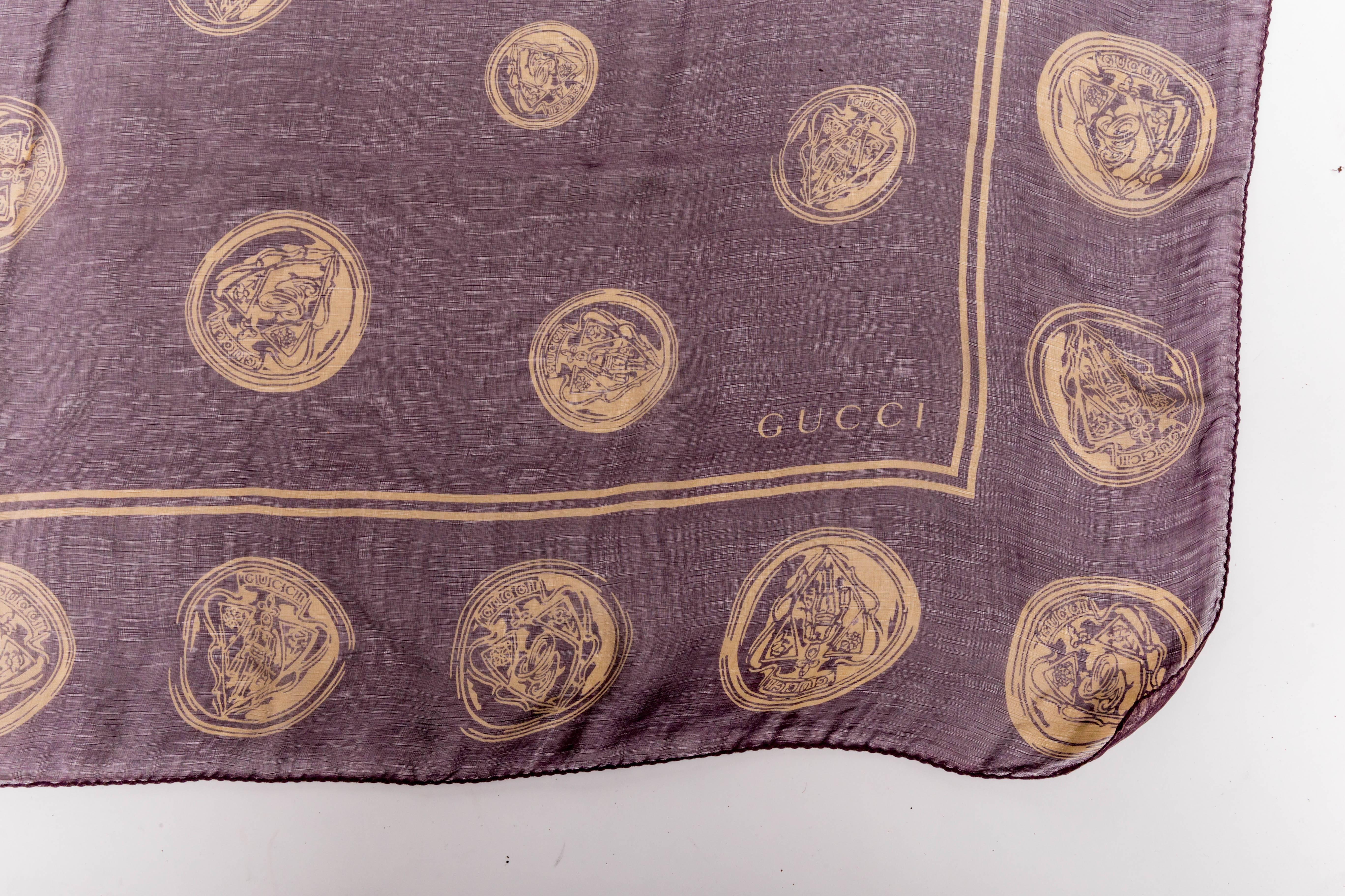 Gucci Aubergine Silk Scarf with Gold Coins  In New Condition In Westhampton Beach, NY