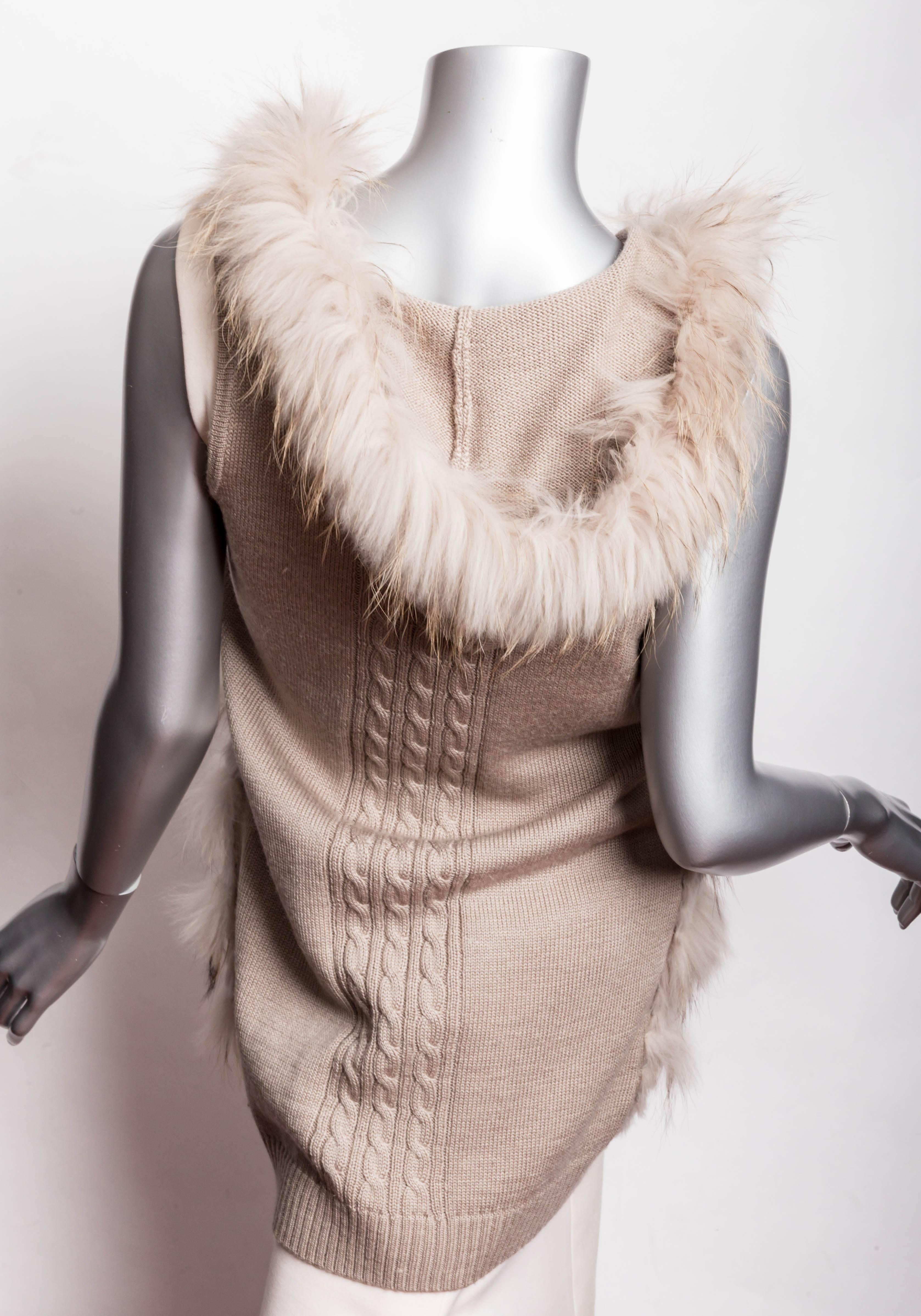 Beige Rabbit and Knit Fur Vest with Hood