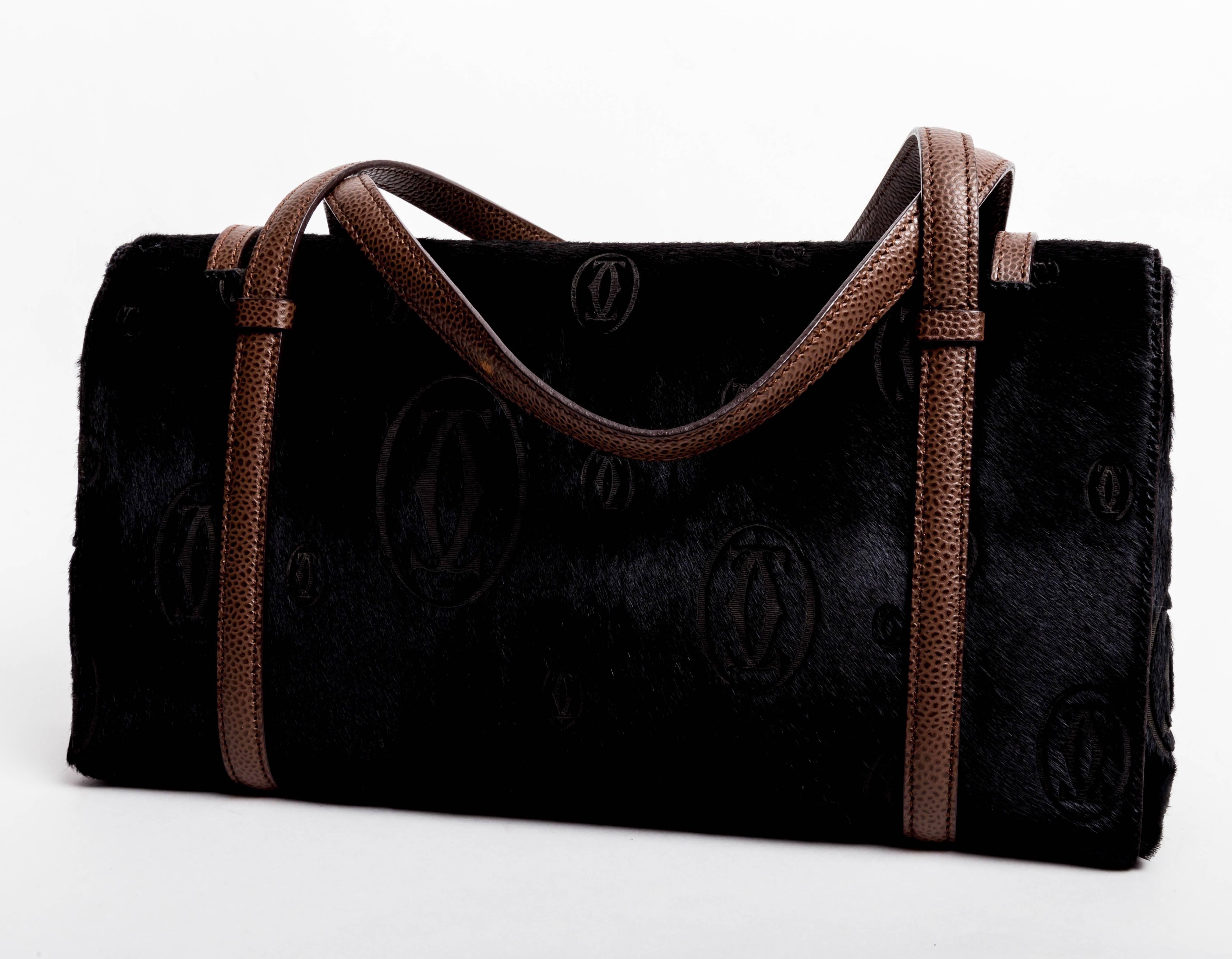 Women's Black Ponyskin Cartier Bag with Brown Leather Handles