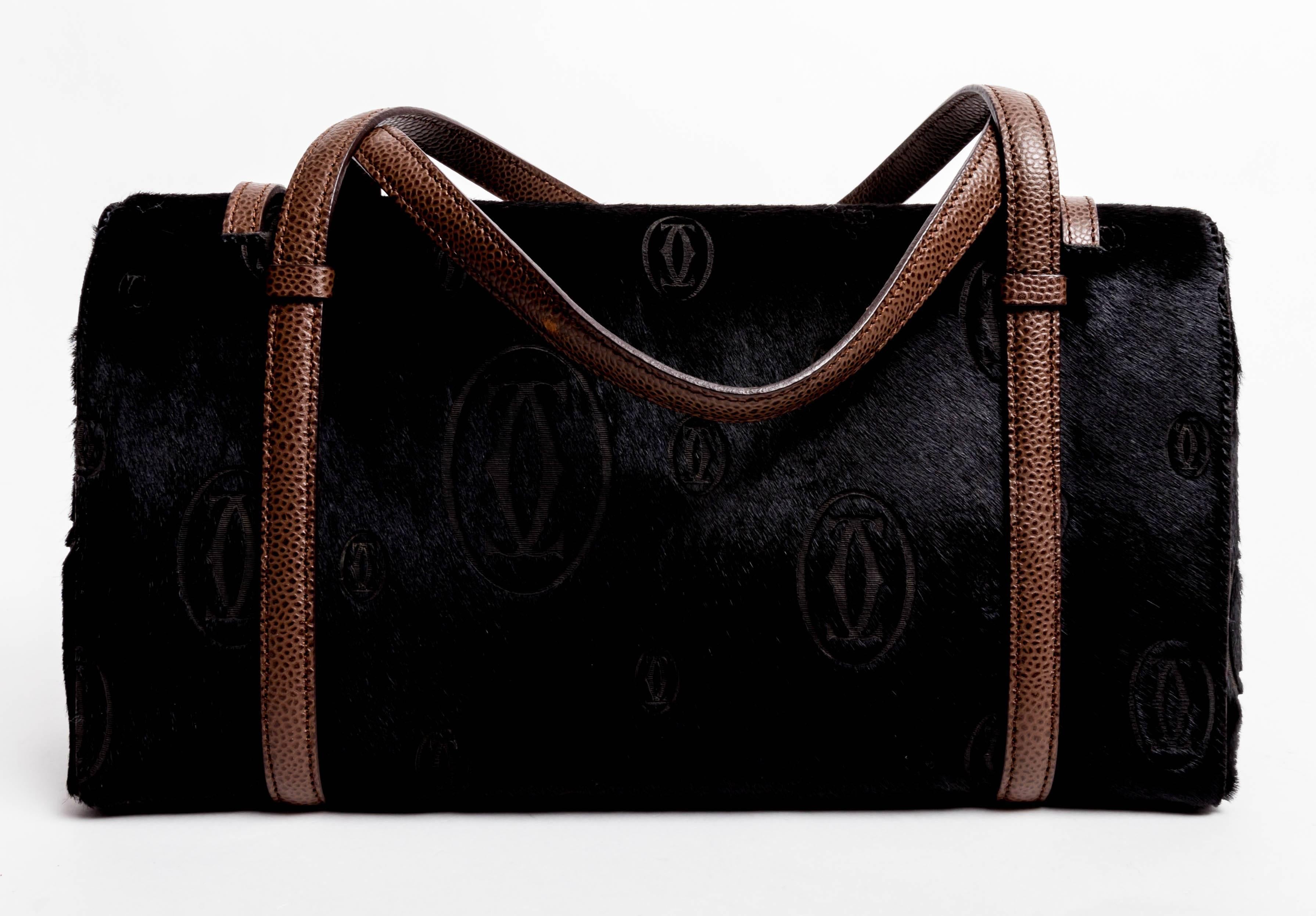 Black Ponyskin Cartier Bag with Brown Leather Handles 3