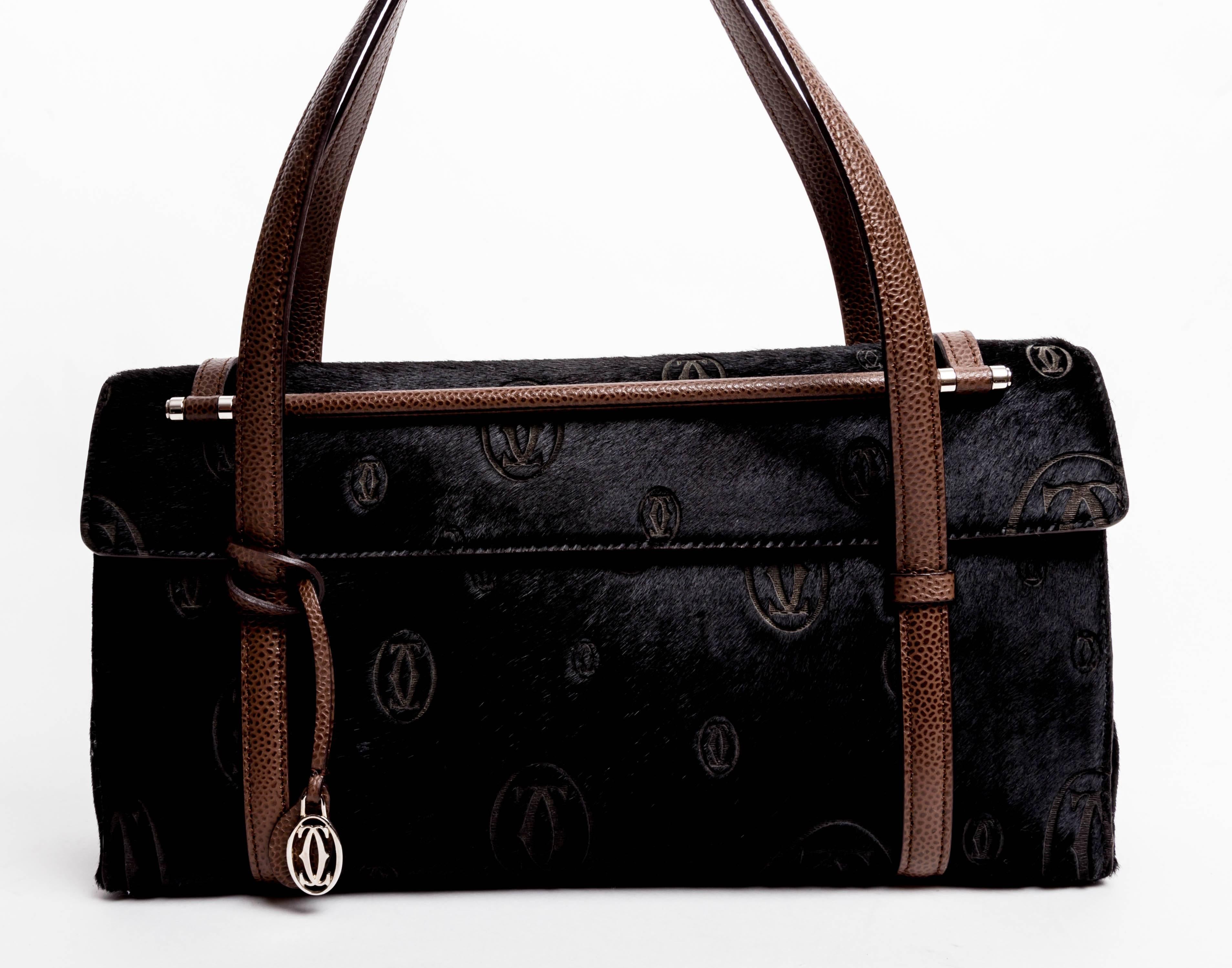 Black Ponyskin Cartier Bag with Brown Leather Handles 4