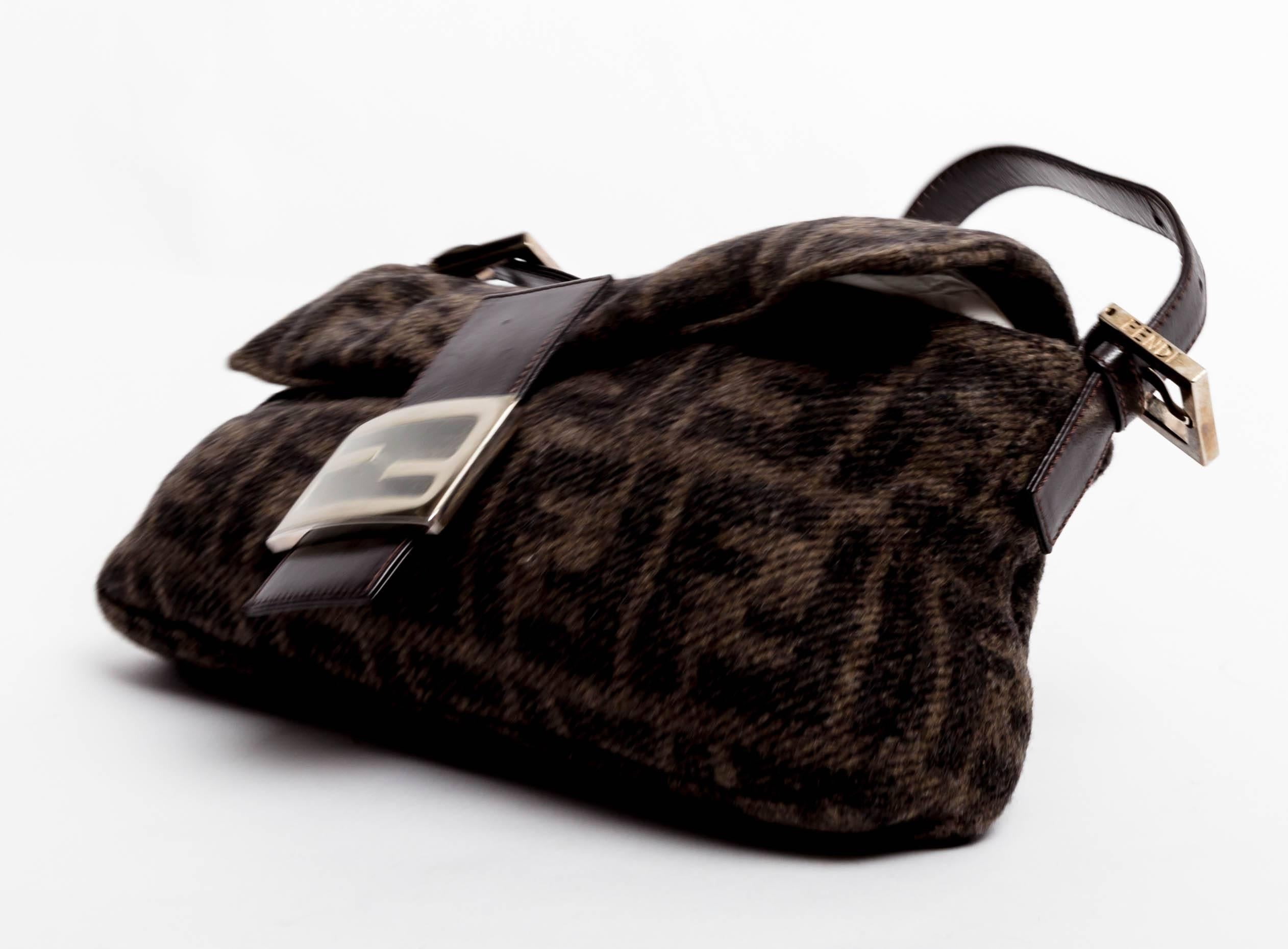 Black Fendi Cashmere Logo Baguette with Brown Leather Handle