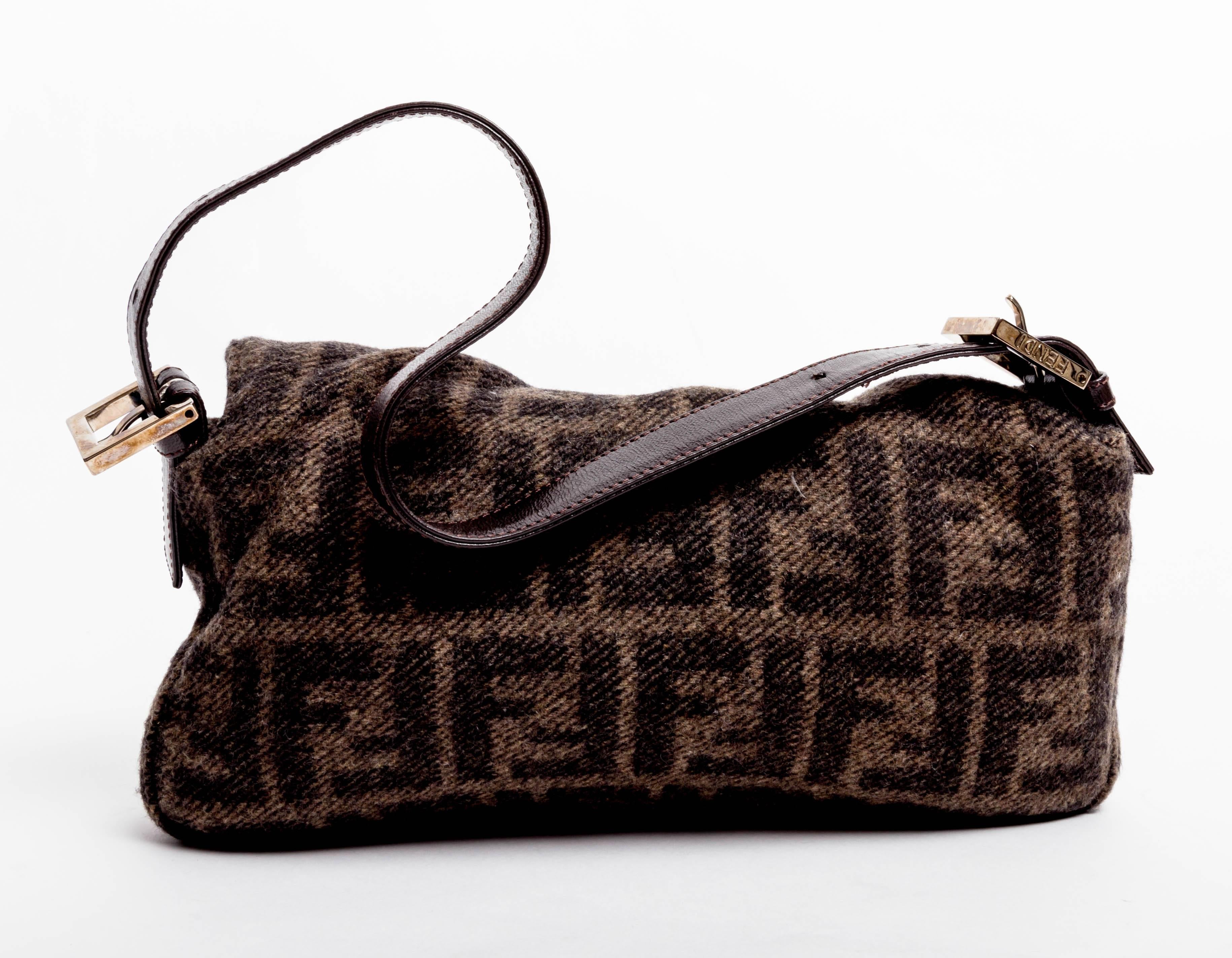 Fendi Cashmere Logo Baguette with Brown Leather Handle In Good Condition In Westhampton Beach, NY