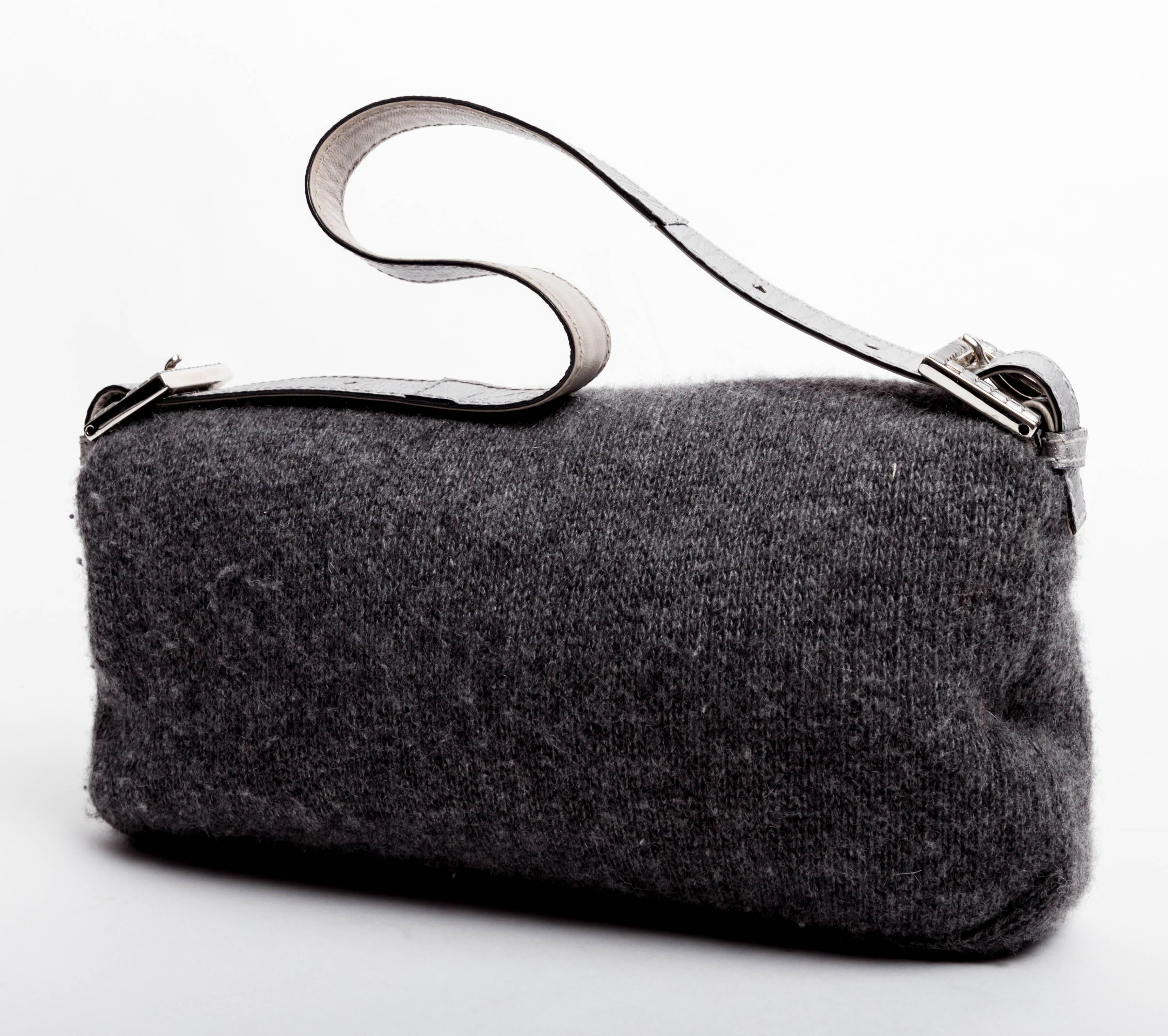 Black Fendi Grey Cashmere Baguette with Silver Leather and Crystal Baguette Clasp