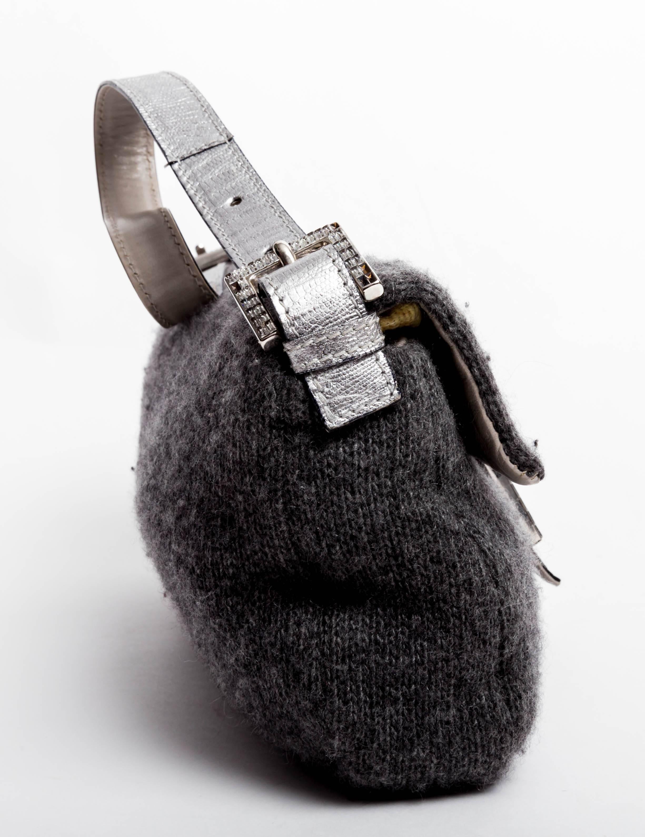 Fendi Grey Cashmere Baguette with Silver Leather and Crystal Baguette Clasp In Good Condition In Westhampton Beach, NY