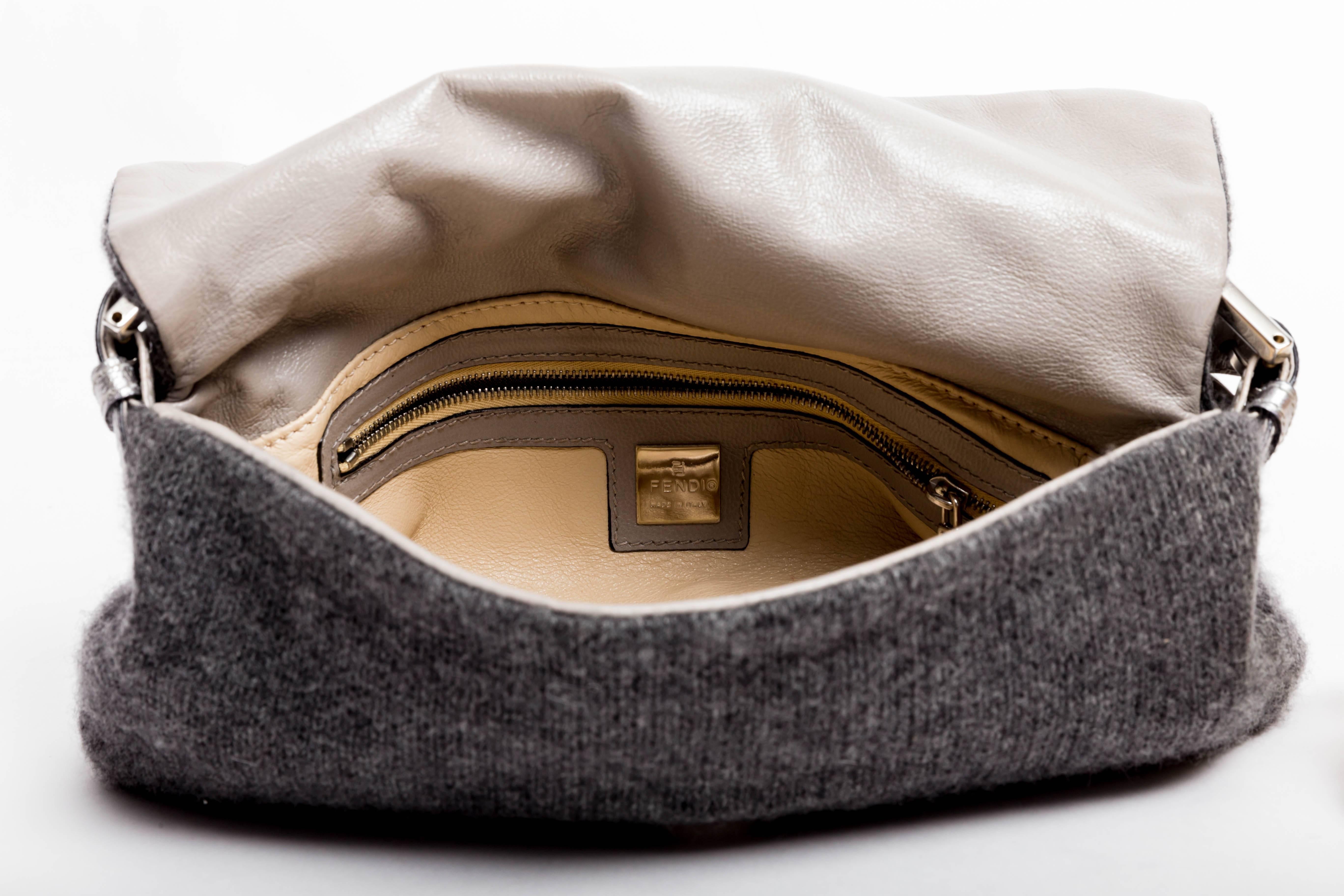 Fendi Grey Cashmere Baguette with Silver Leather and Crystal Baguette Clasp 1