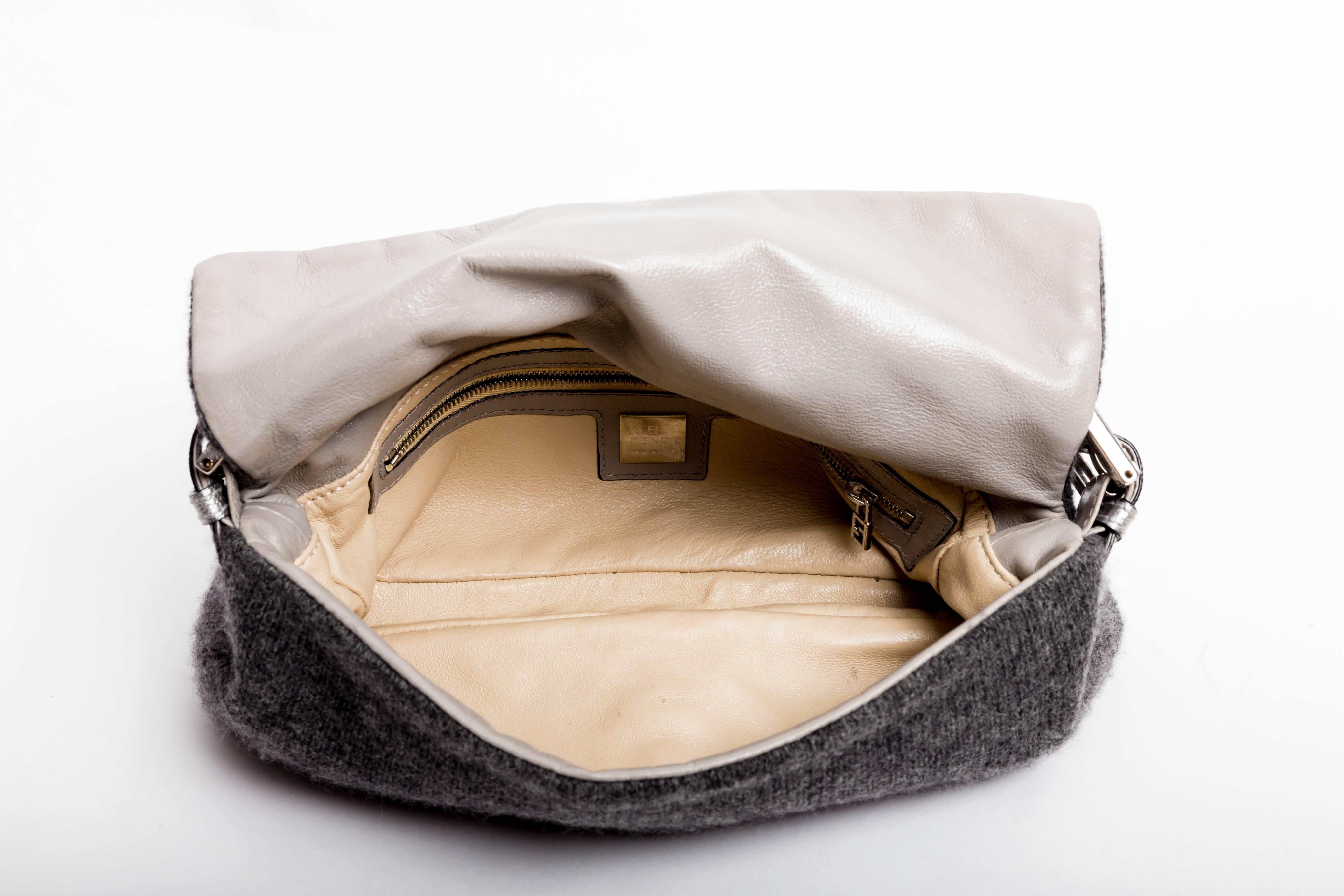 Fendi Grey Cashmere Baguette with Silver Leather and Crystal Baguette Clasp 2