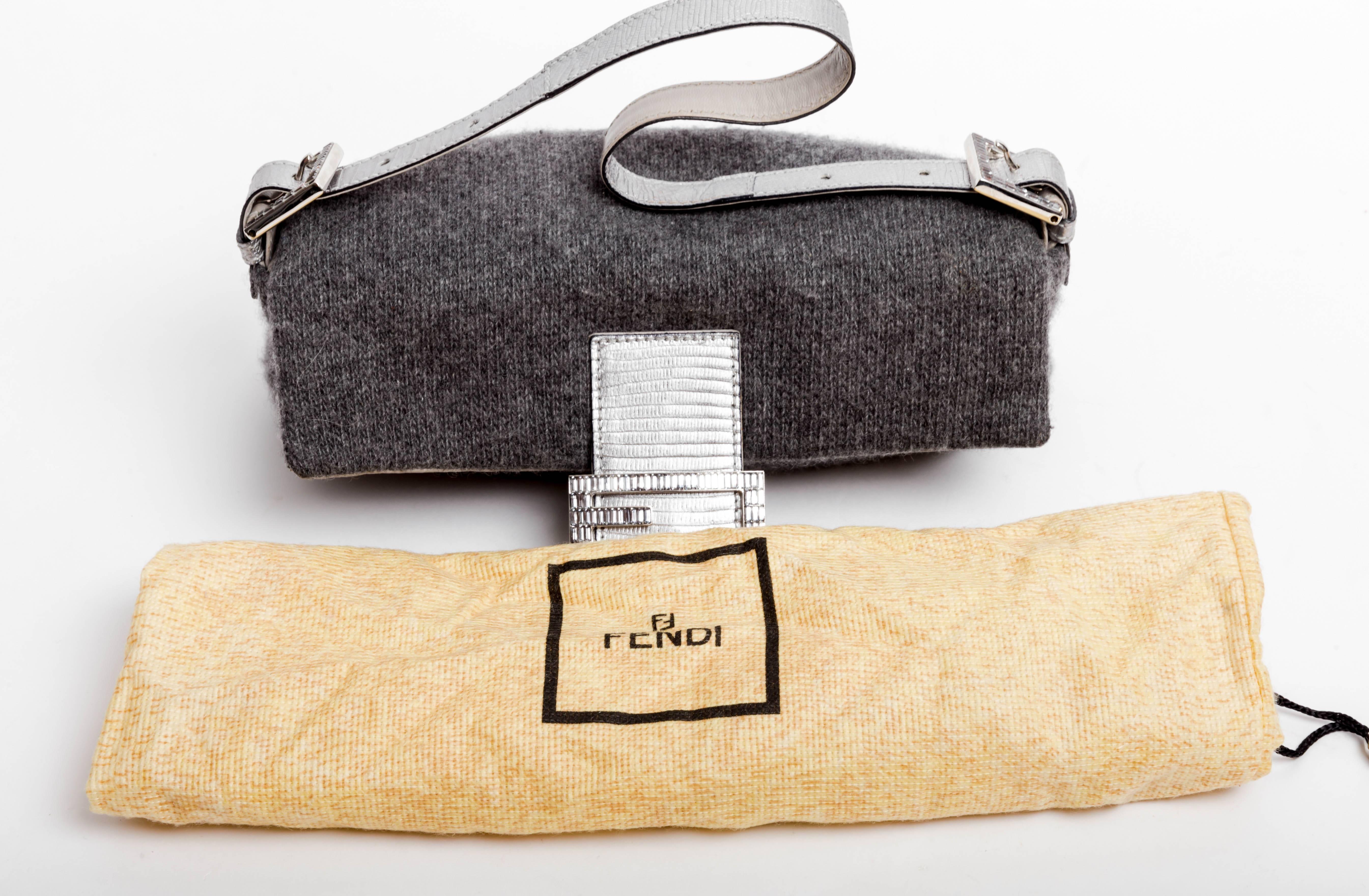 Fendi Grey Cashmere Baguette with Silver Leather and Crystal Baguette Clasp 3